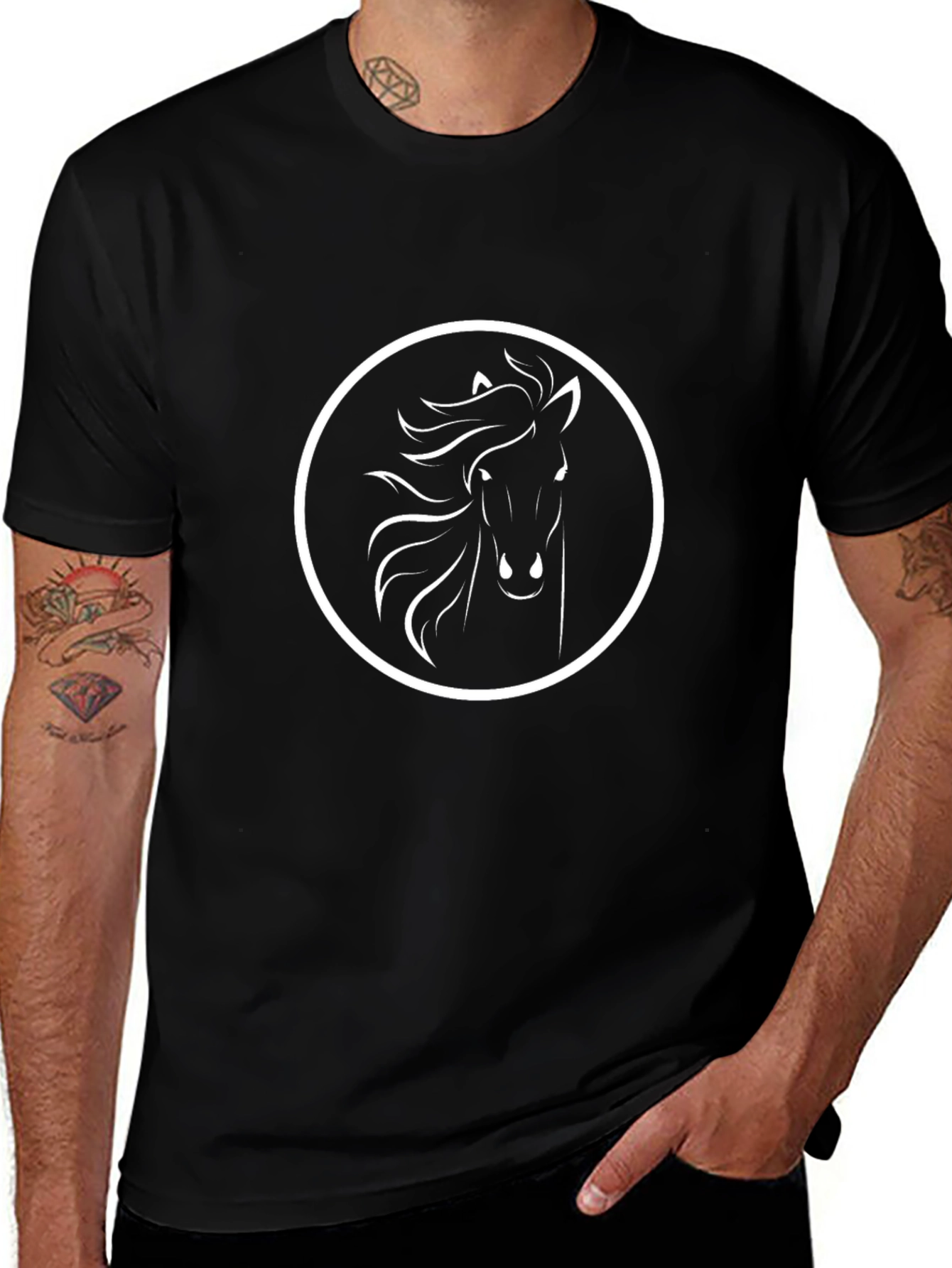 Black T-Shirt with White Horse Circle Design