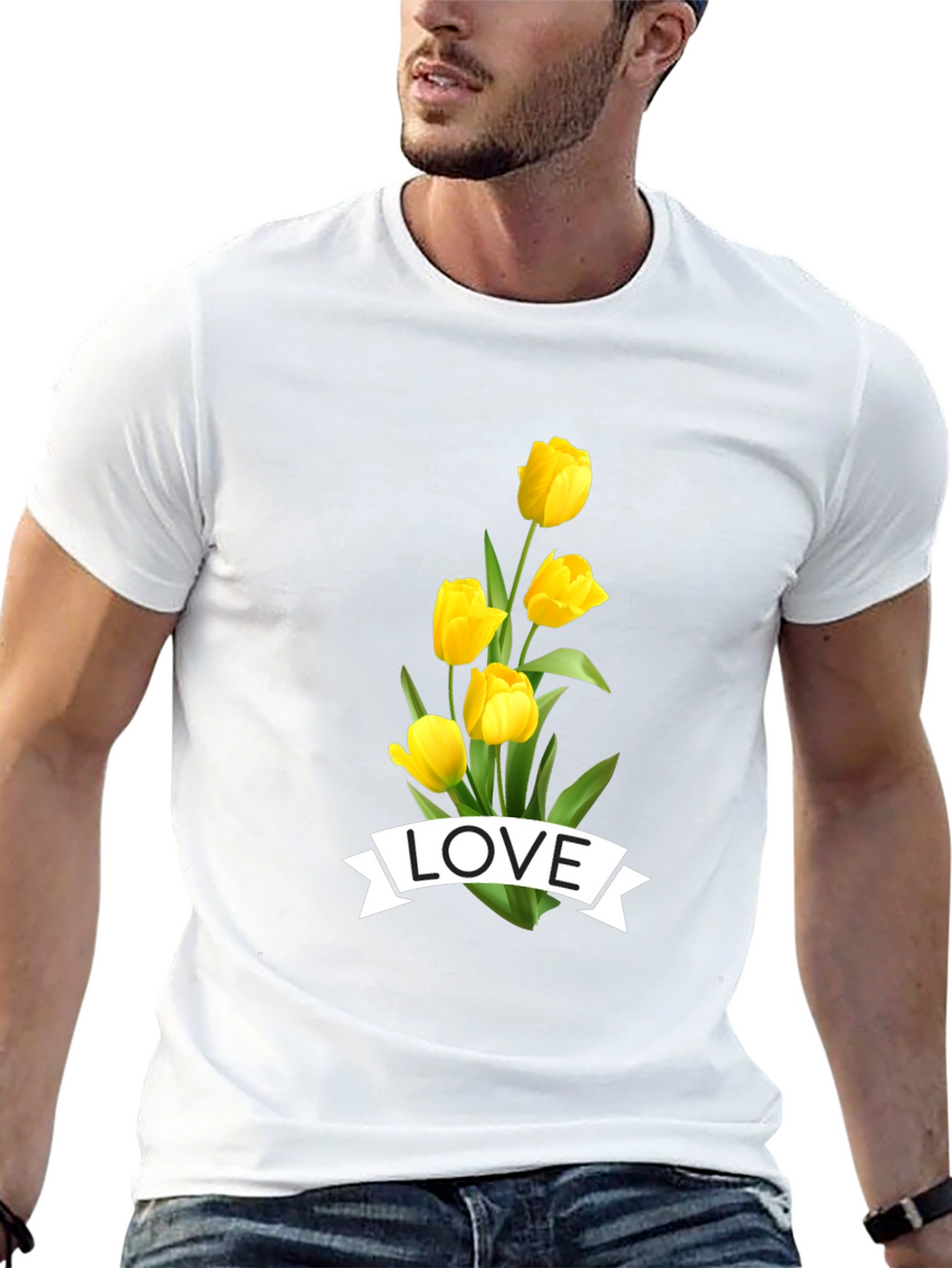 Love Tulips Graphic Tee - Black Cotton T-Shirt