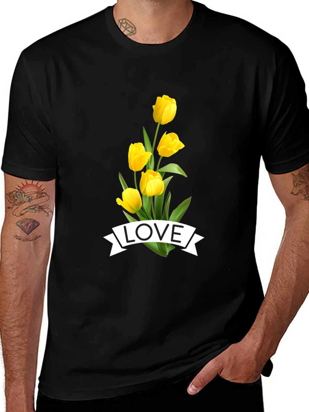 Love Tulips Graphic Tee - Black Cotton T-Shirt