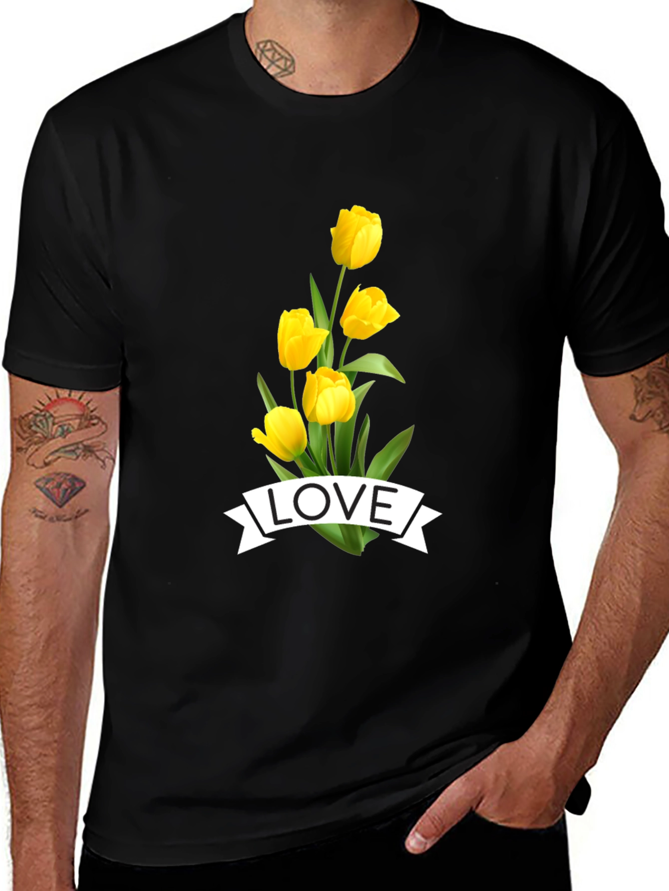 Love Tulips Graphic Tee - Black Cotton T-Shirt