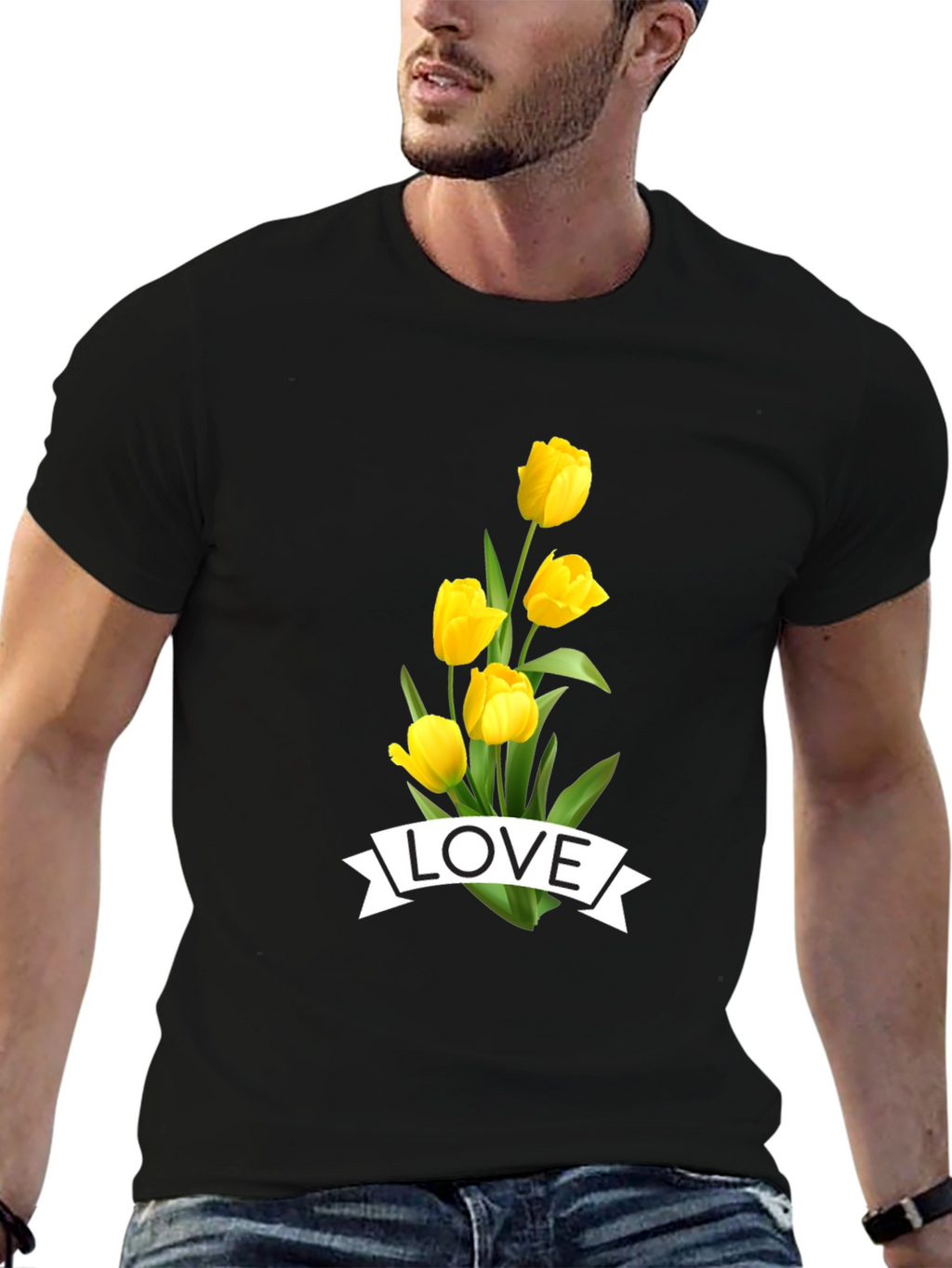 Love Tulips Graphic Tee - Black Cotton T-Shirt