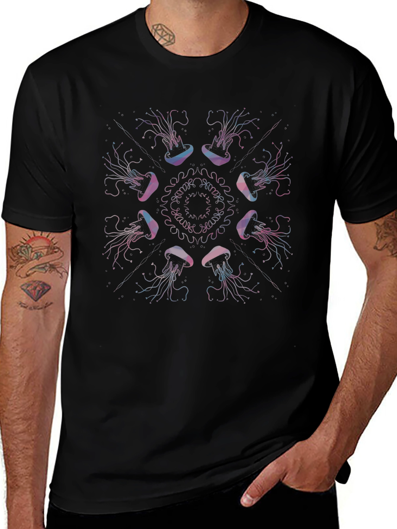 Jellyfish Mandala Graphic Print Black Tee