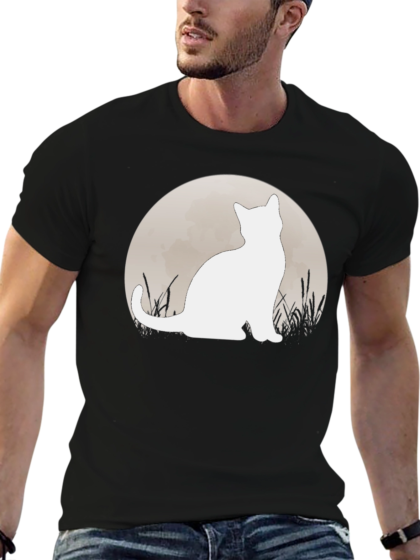 Moon Cat Graphic Tee - Black Casual Shirt