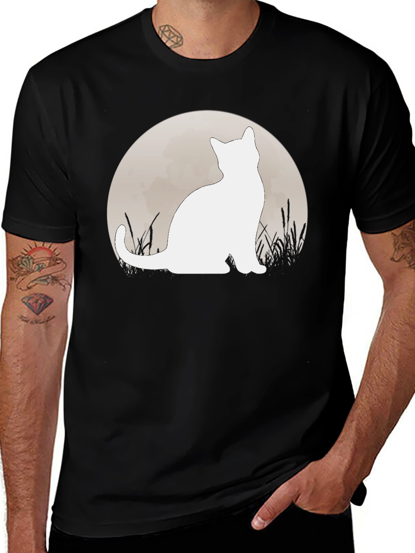 Moon Cat Graphic Tee - Black Casual Shirt