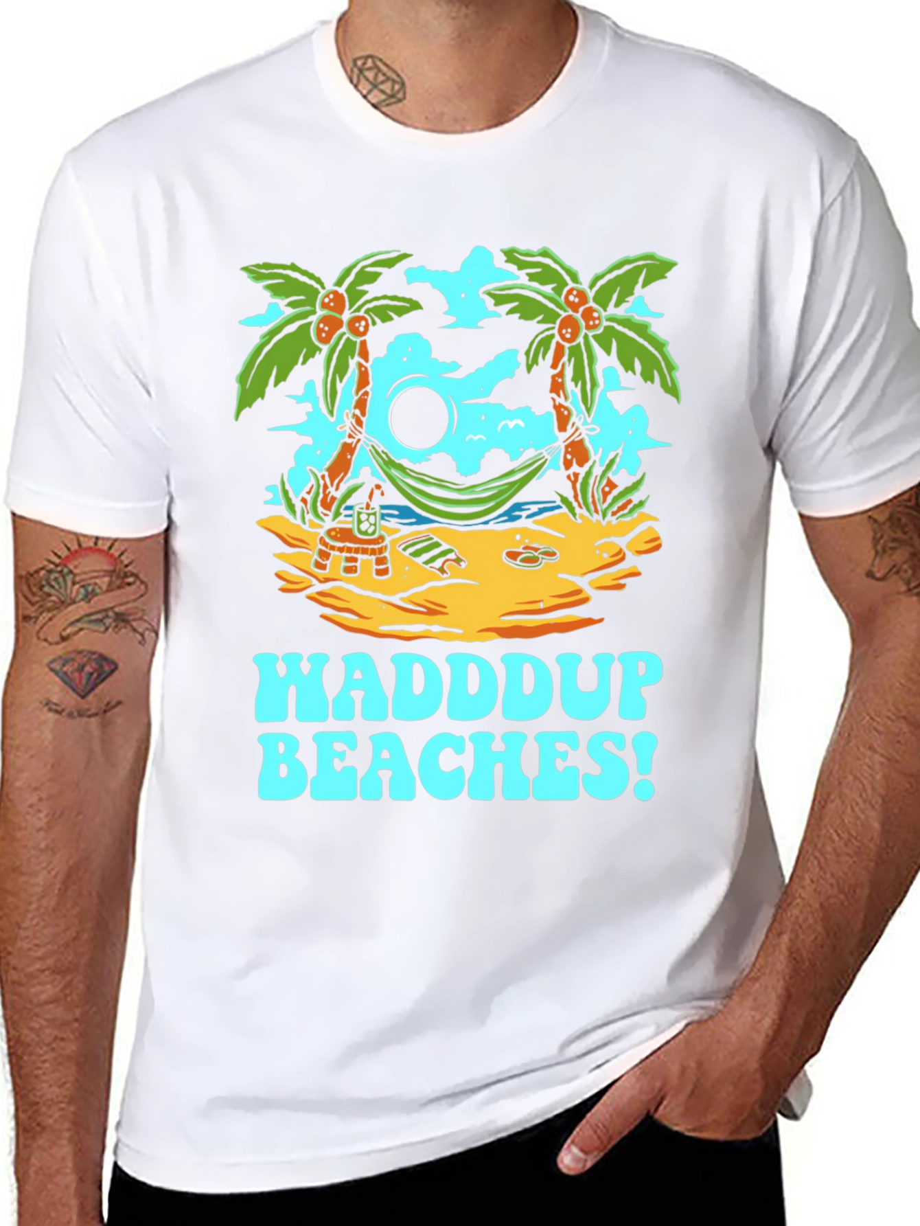 Waddup Beaches T-Shirt - Tropical Island Hammock Design