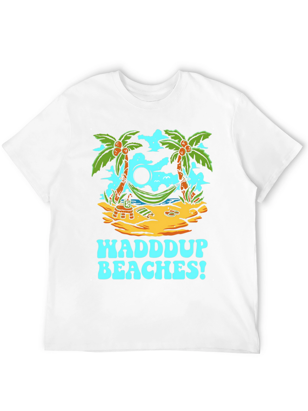 Waddup Beaches T-Shirt - Tropical Island Hammock Design