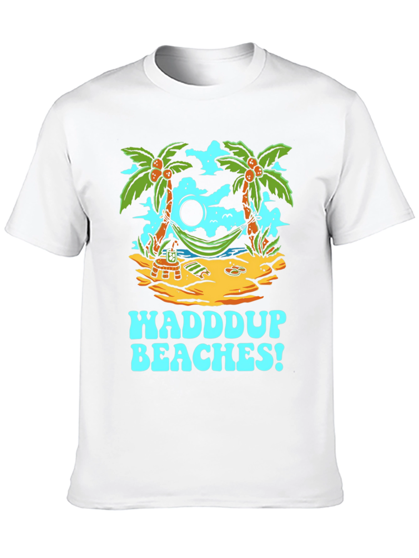 Waddup Beaches T-Shirt - Tropical Island Hammock Design