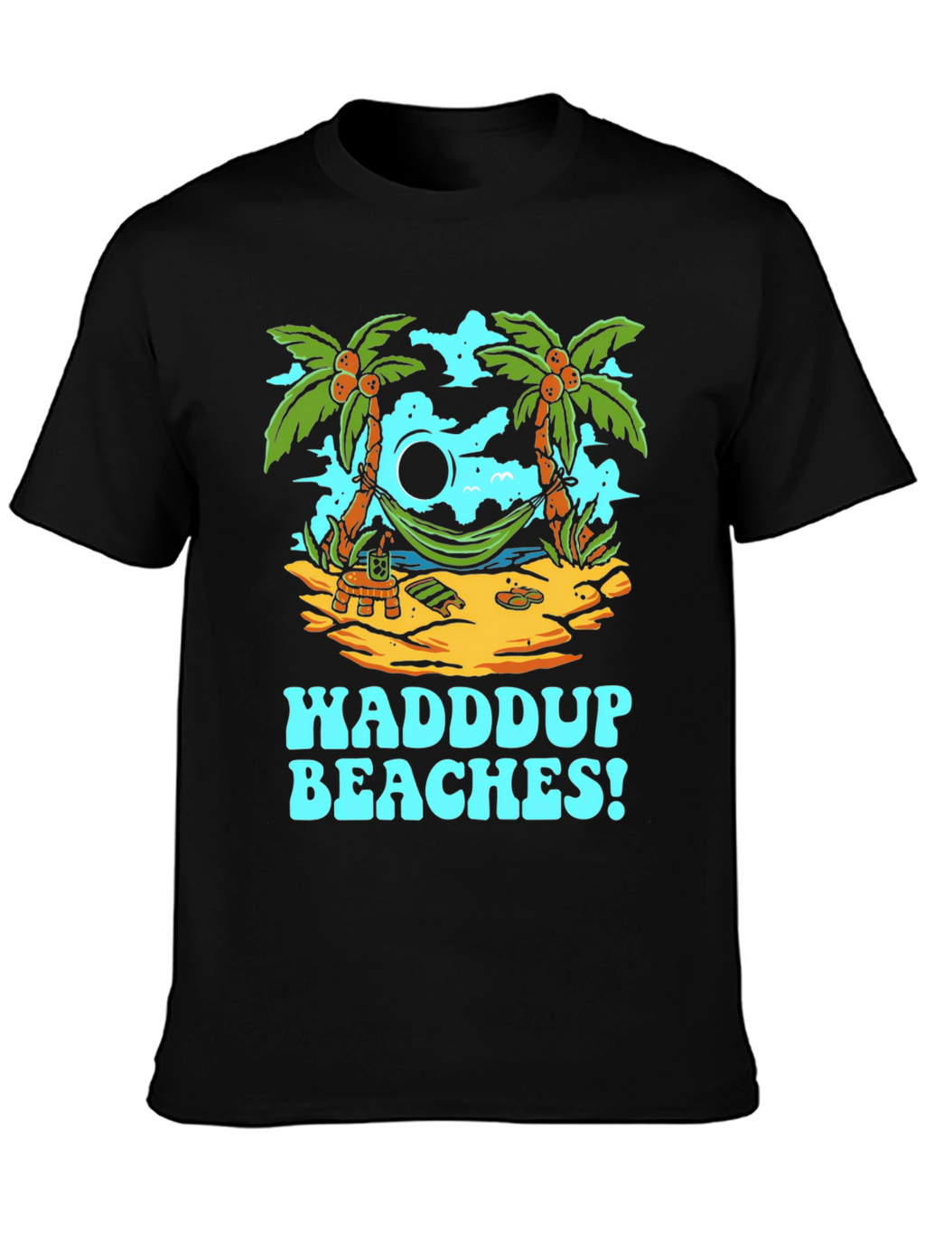 Waddup Beaches T-Shirt - Tropical Island Hammock Design