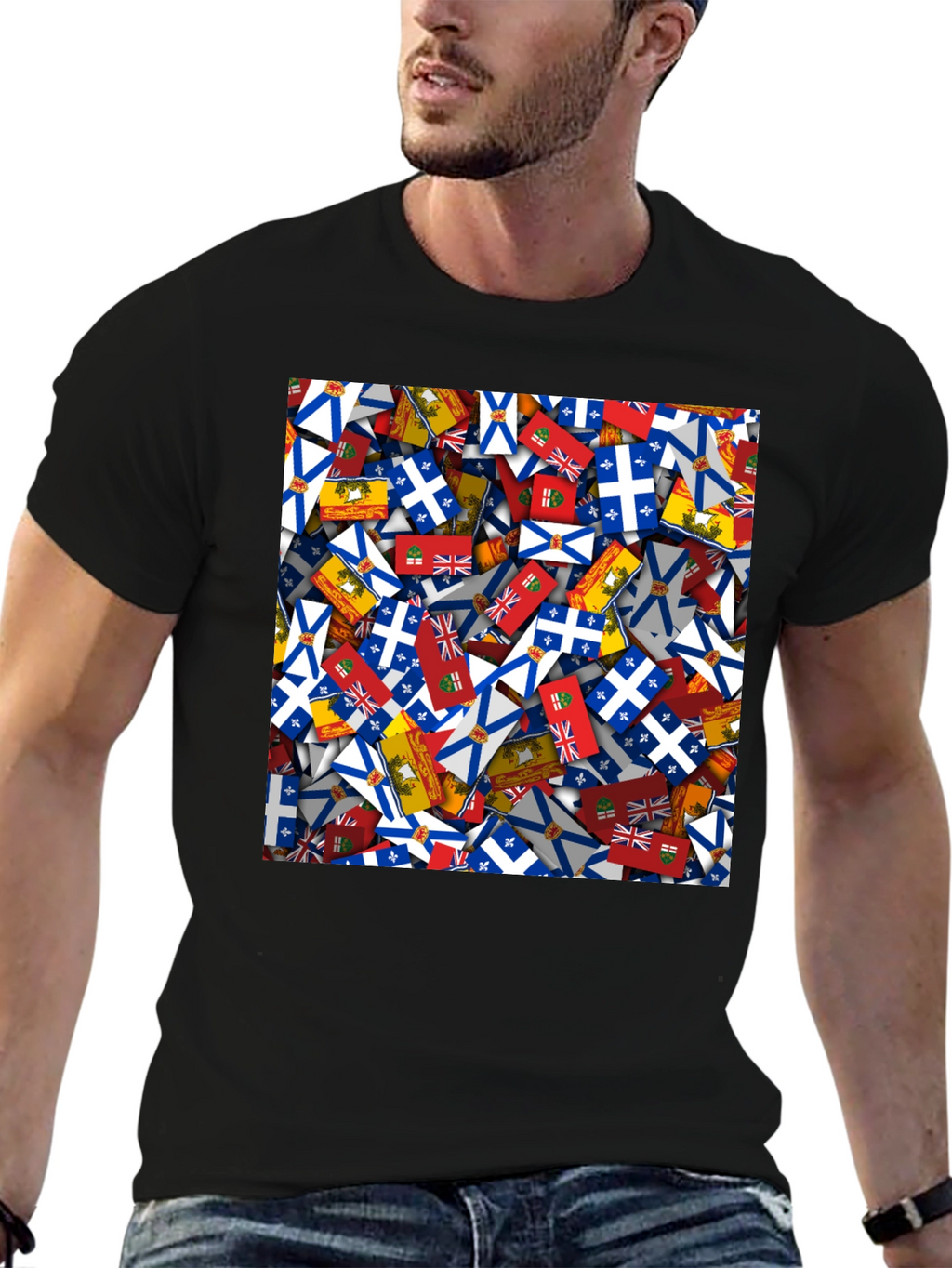 Novelty Canadian Provincial Flag Pattern Black T-Shirt
