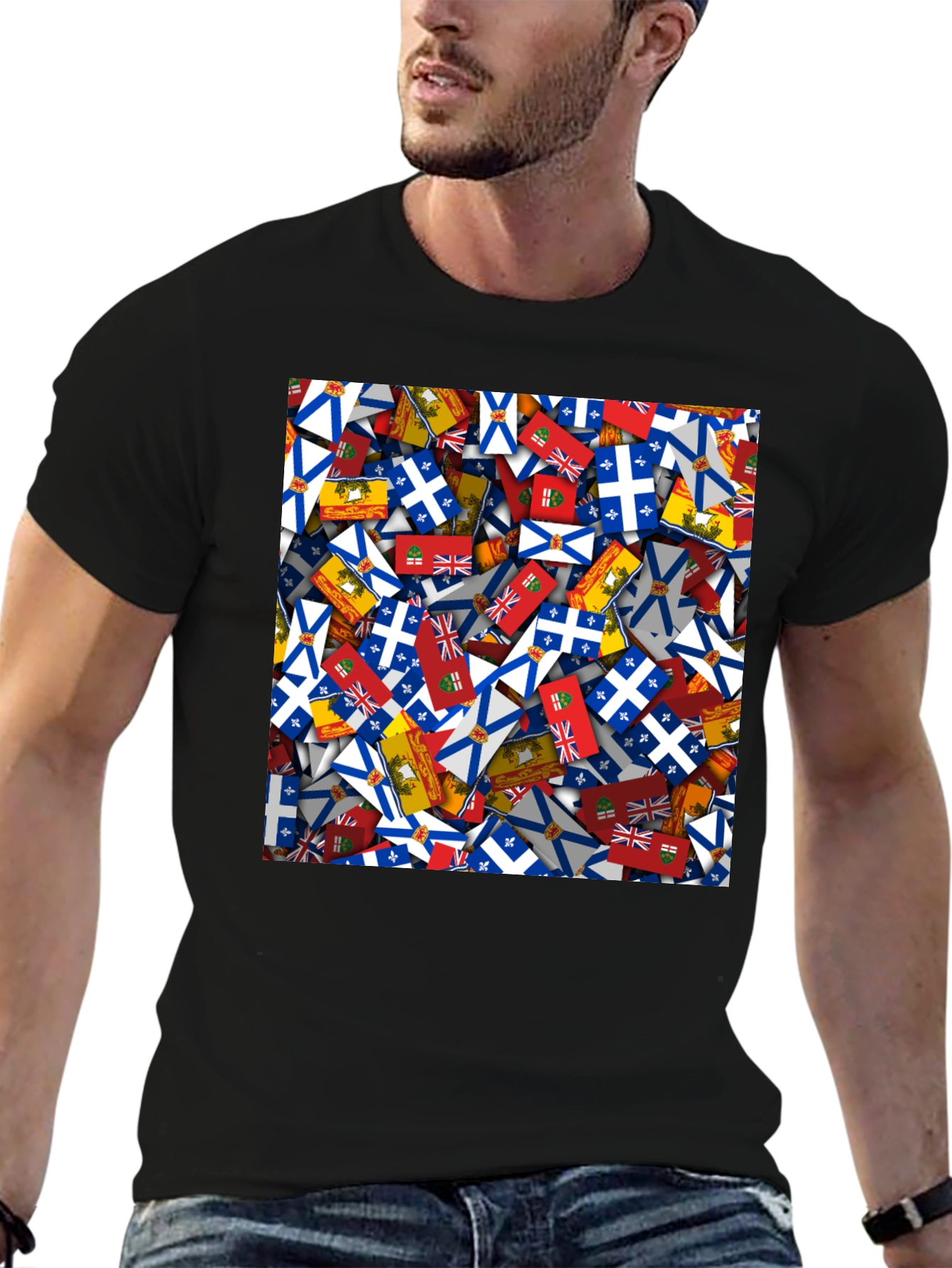 Novelty Canadian Provincial Flag Pattern Black T-Shirt