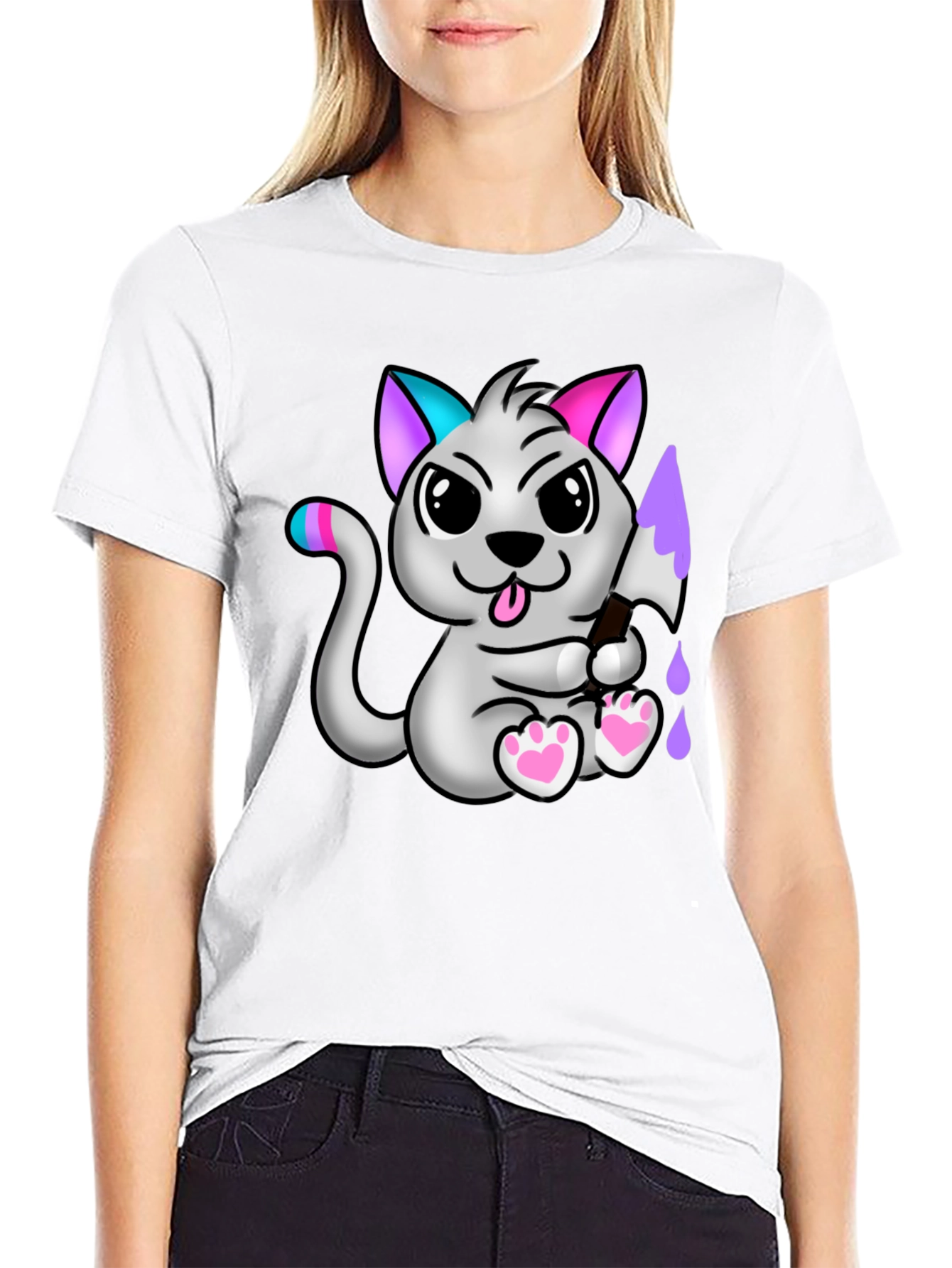 Cartoon Cat Graphic Tee - Mens Black T-Shirt