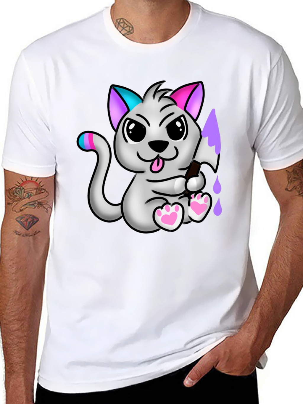 Cartoon Cat Graphic Tee - Mens Black T-Shirt