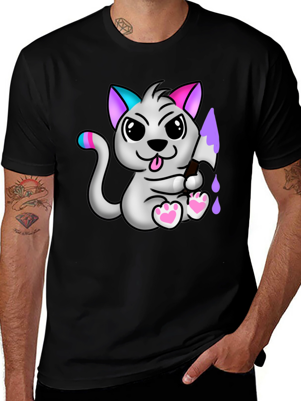 Cartoon Cat Graphic Tee - Mens Black T-Shirt