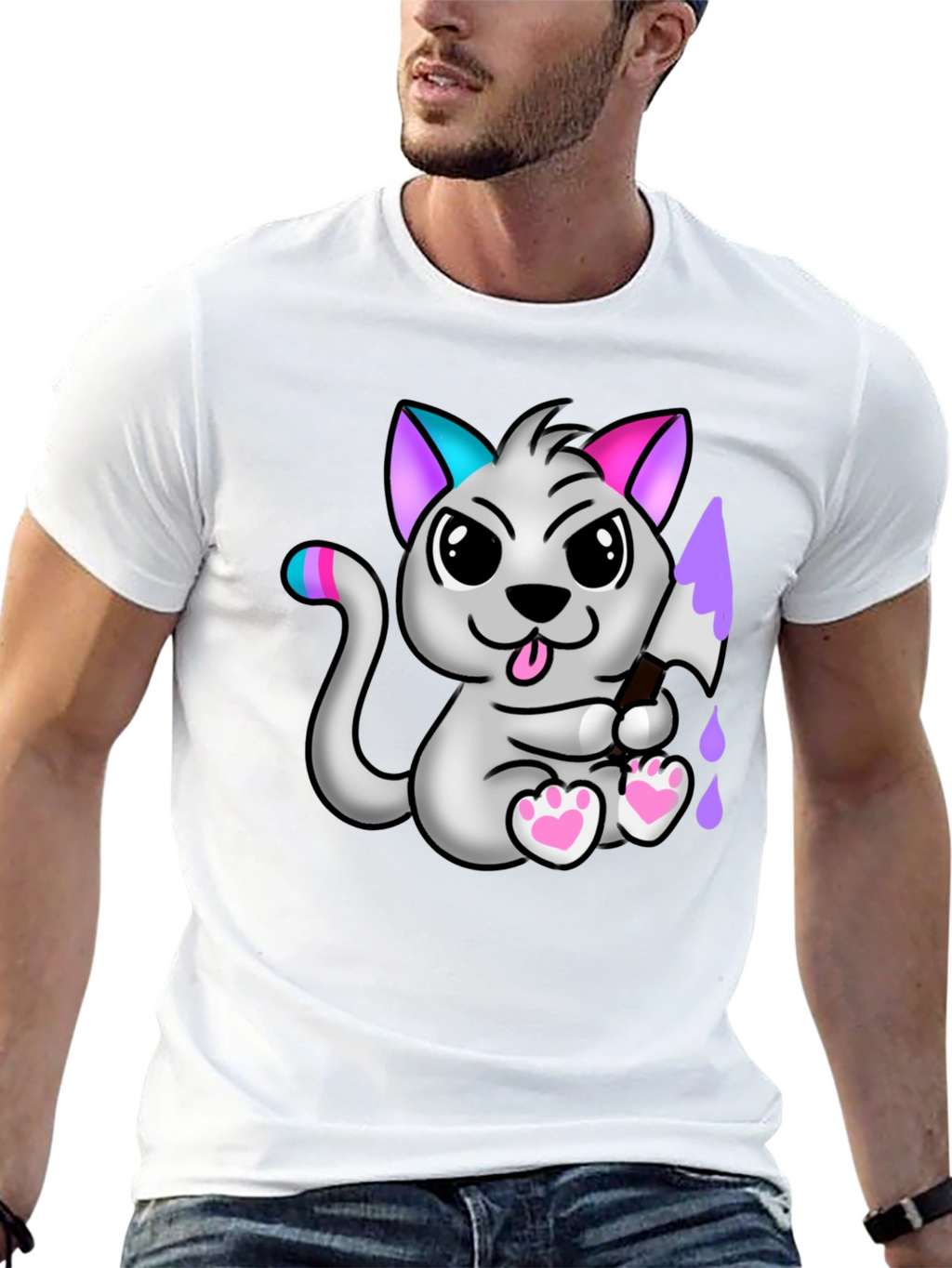 Cartoon Cat Graphic Tee - Mens Black T-Shirt