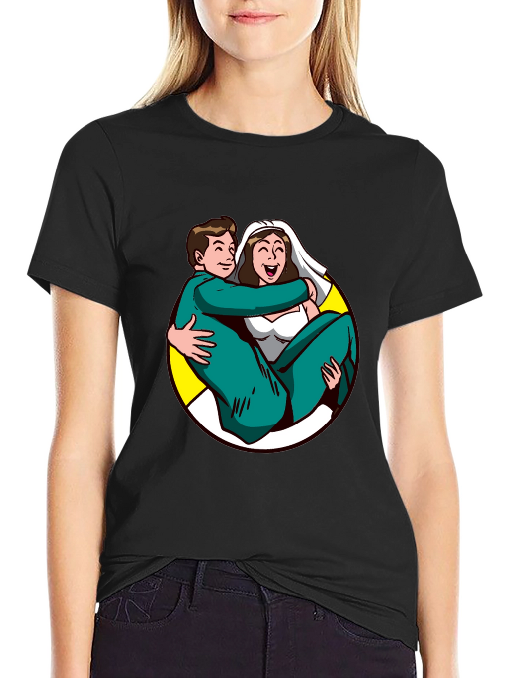 Cartoon Bride and Groom Black T-Shirt