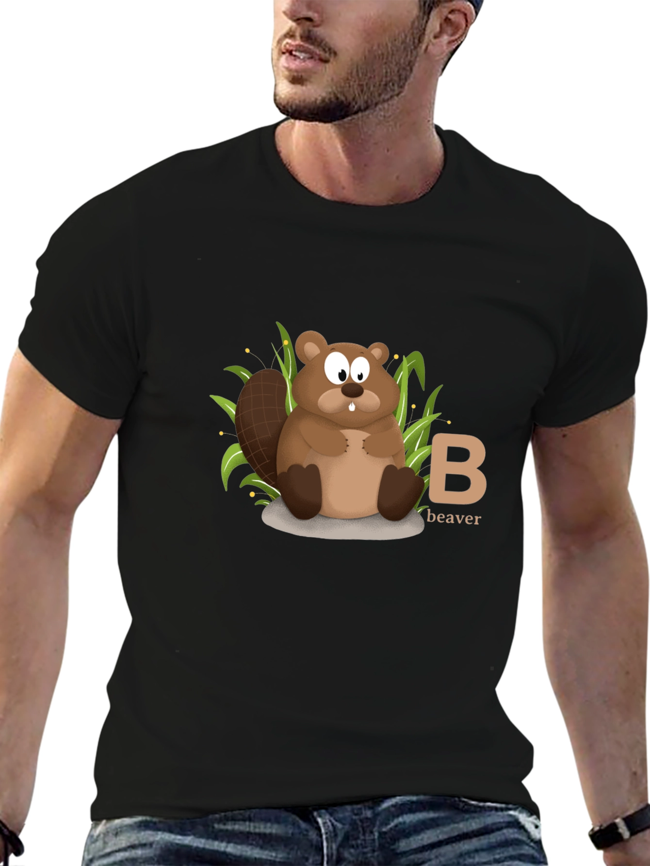 Beaver Cartoon Animal Alphabet Black T-shirt
