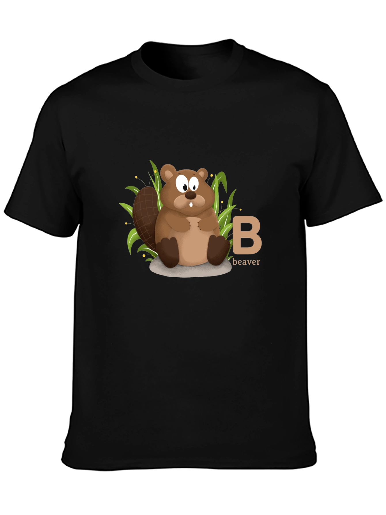 Beaver Cartoon Animal Alphabet Black T-shirt
