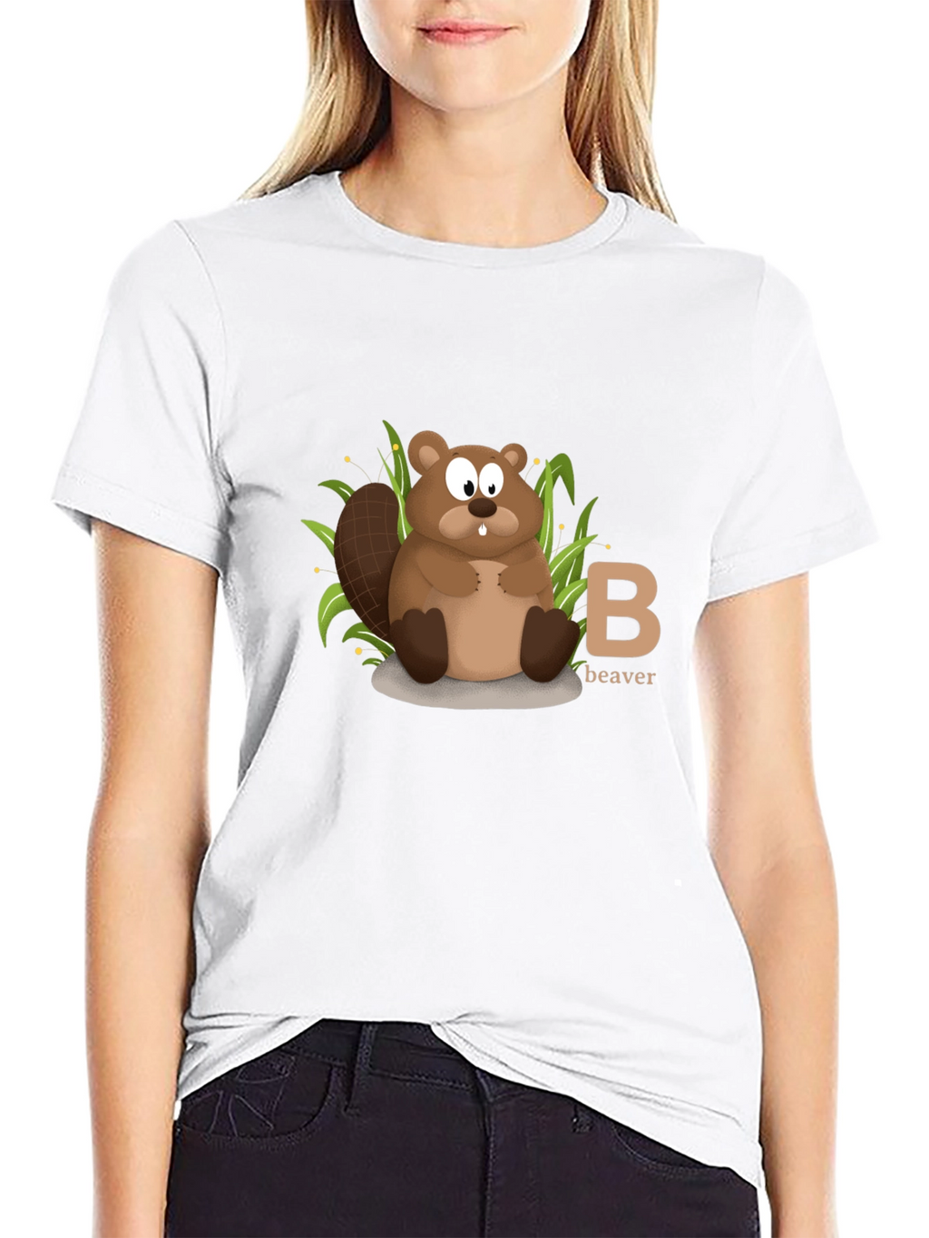 Beaver Cartoon Animal Alphabet Black T-shirt