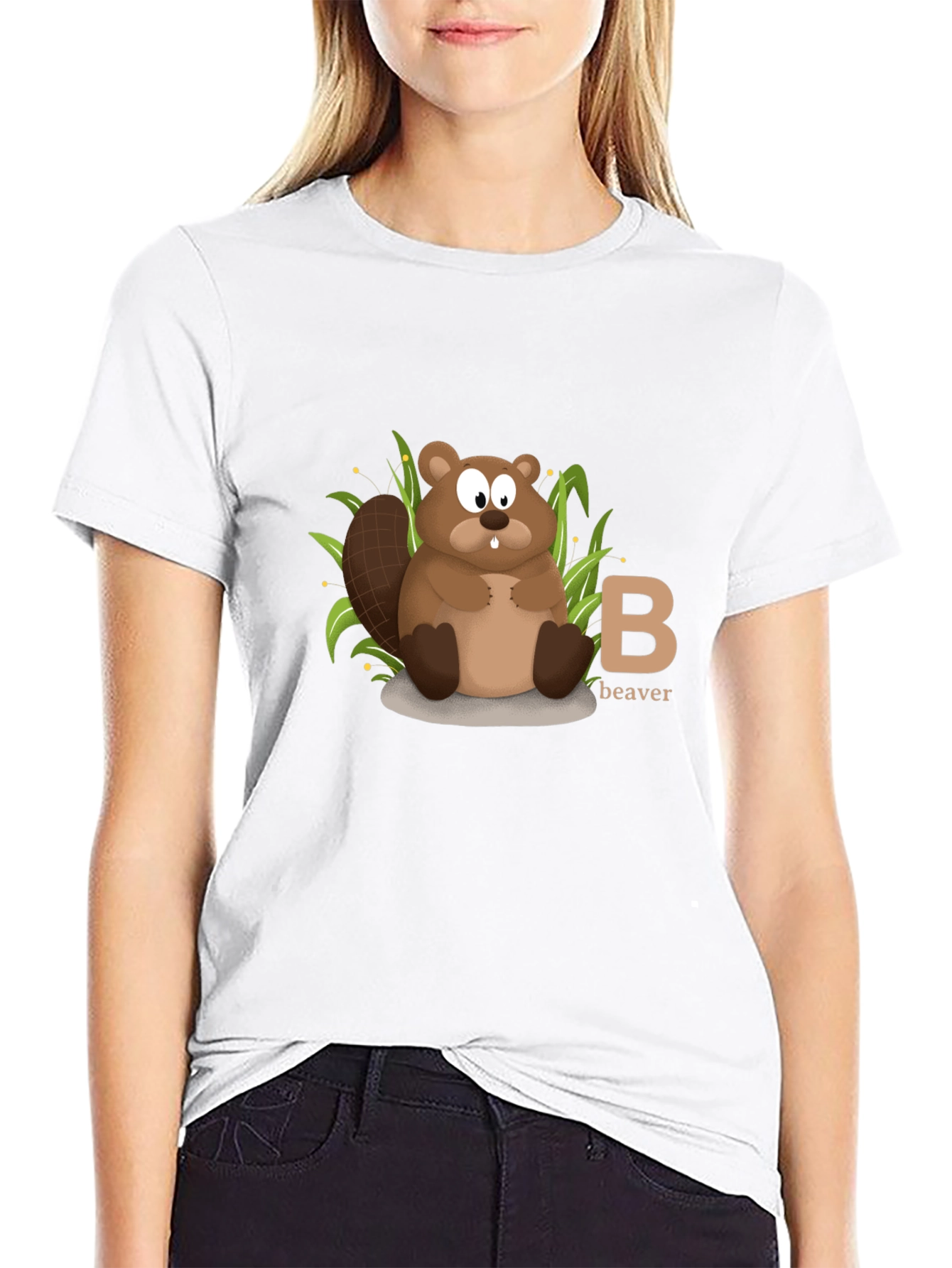 Beaver Cartoon Animal Alphabet Black T-shirt