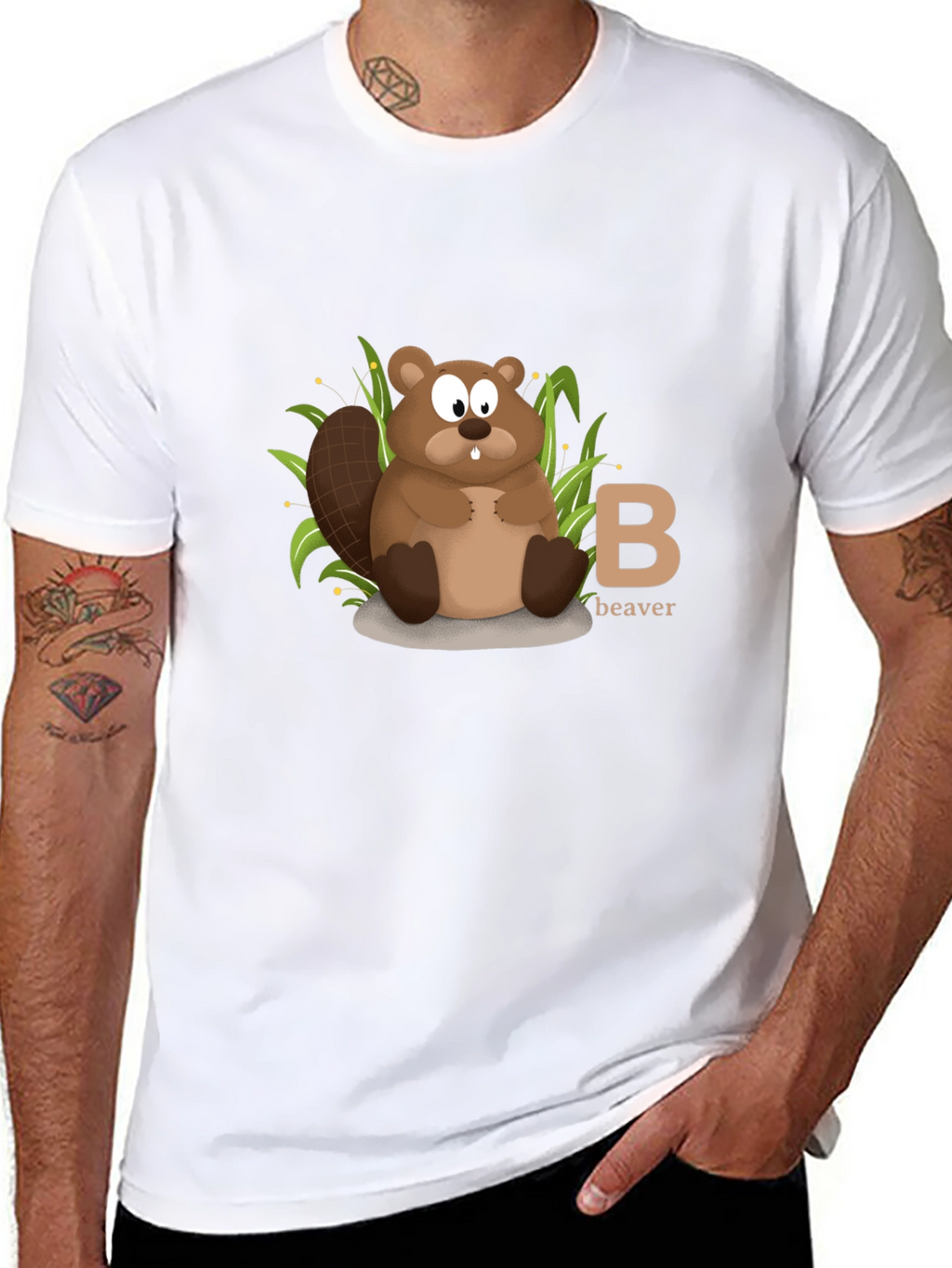 Beaver Cartoon Animal Alphabet Black T-shirt