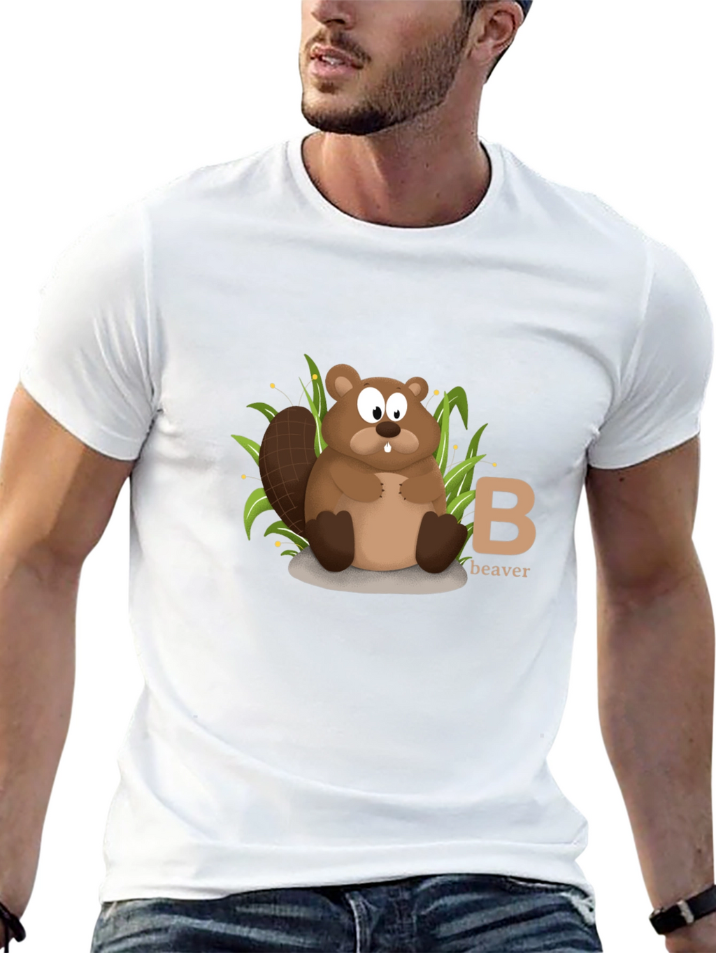 Beaver Cartoon Animal Alphabet Black T-shirt