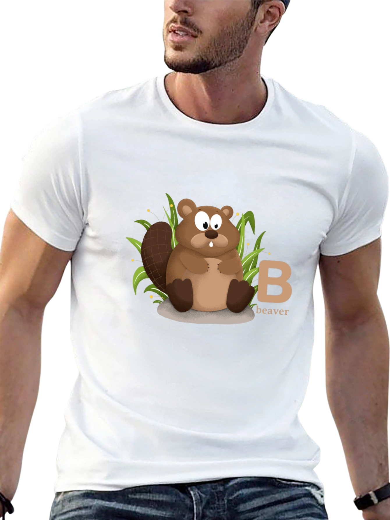 Beaver Cartoon Animal Alphabet Black T-shirt
