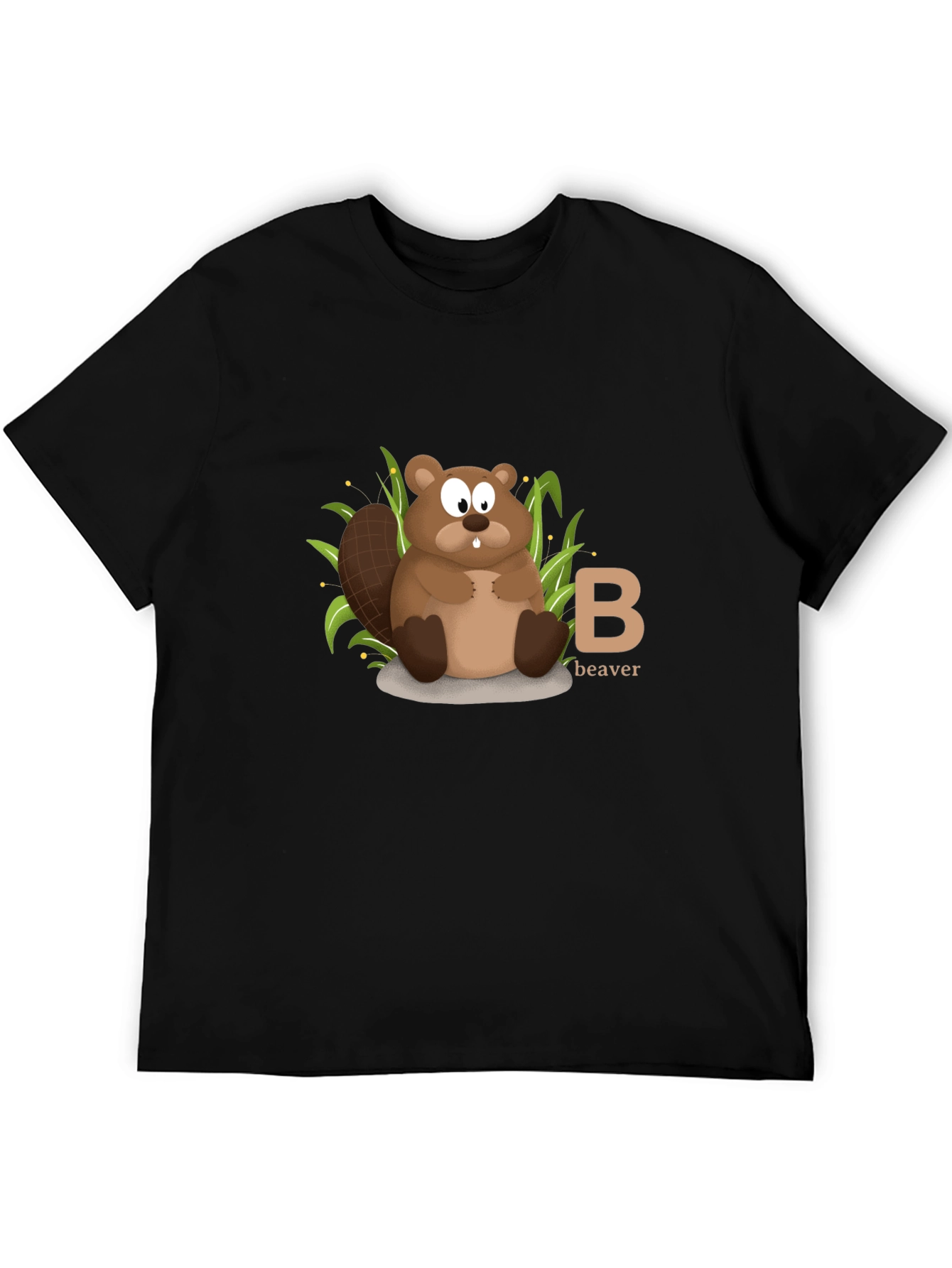Beaver Cartoon Animal Alphabet Black T-shirt