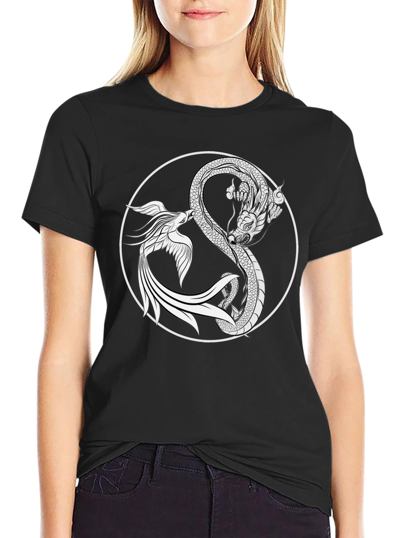 Yin Yang Dragon & Phoenix Graphic Tee - Black Cotton T-Shirt
