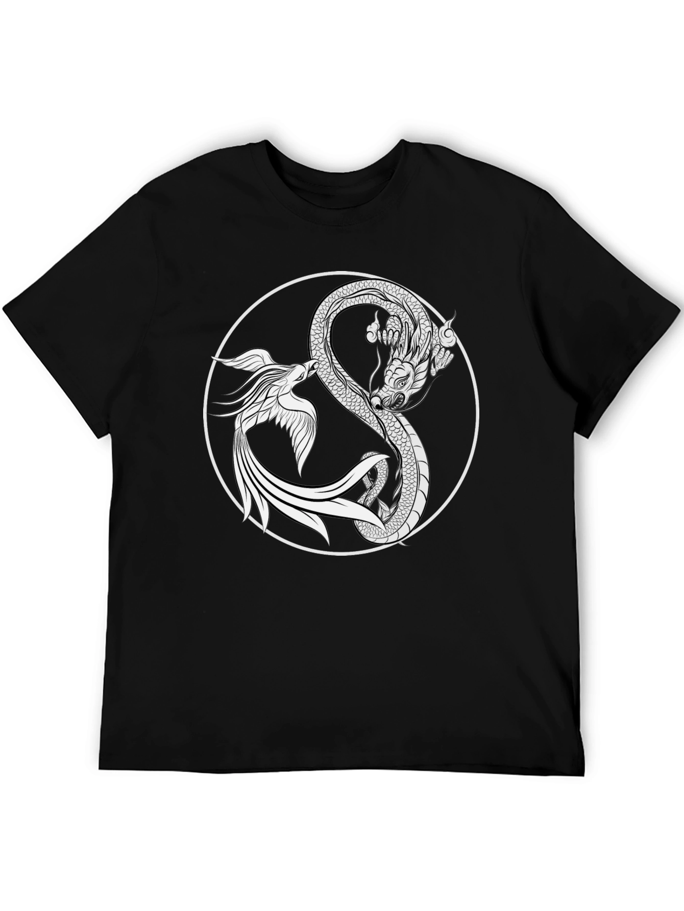 Yin Yang Dragon & Phoenix Graphic Tee - Black Cotton T-Shirt