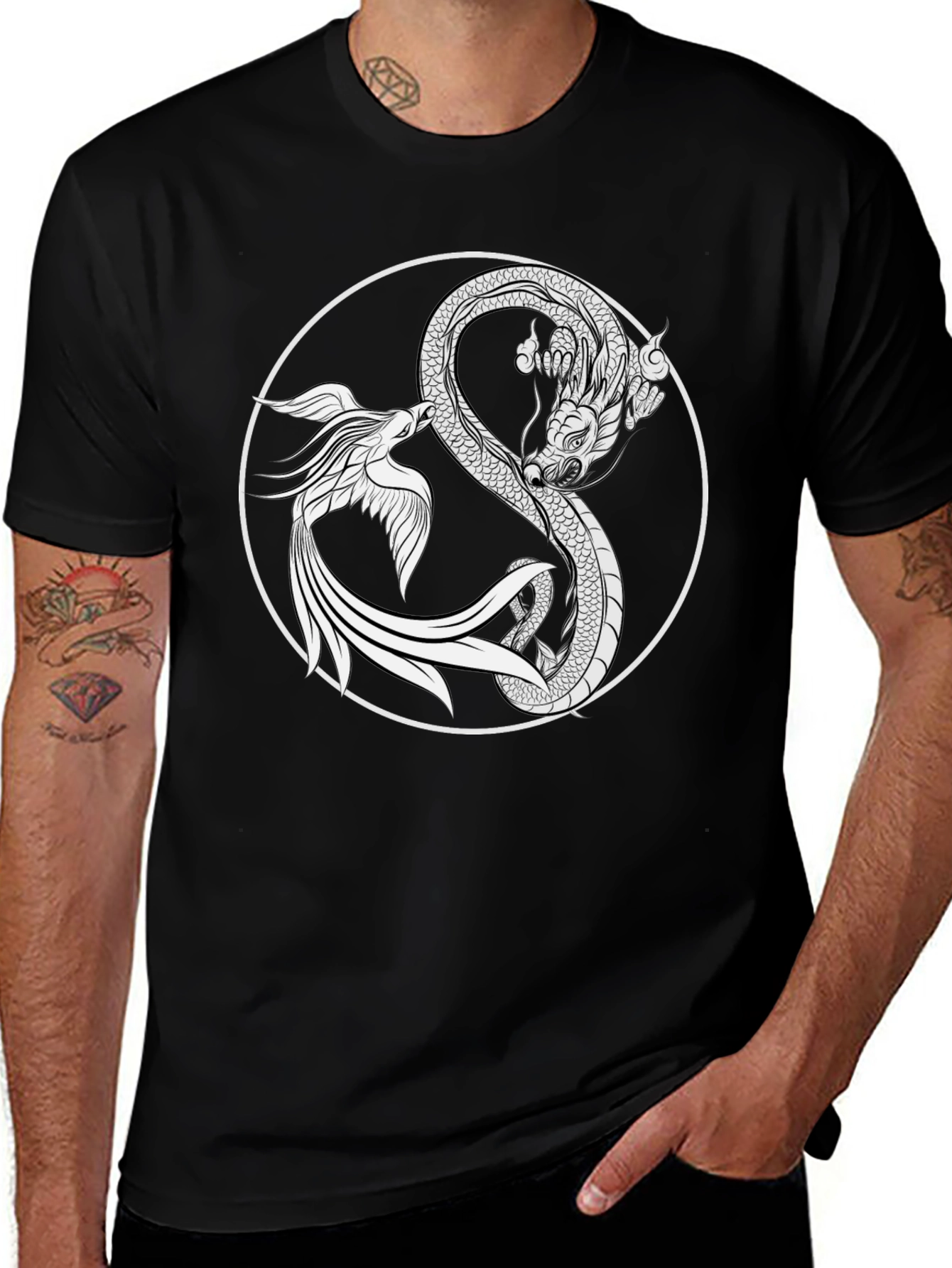 Yin Yang Dragon & Phoenix Graphic Tee - Black Cotton T-Shirt