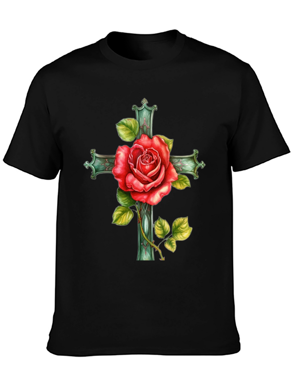 Rose Cross Graphic Tee - Stylish Black T-Shirt