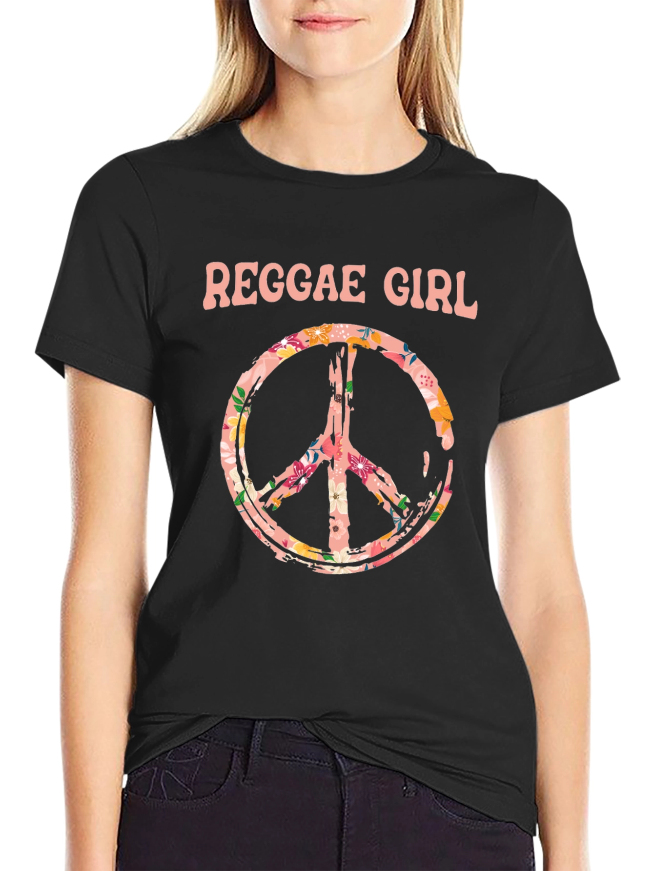 Reggae Girl Peace Sign Graphic Tee - Black