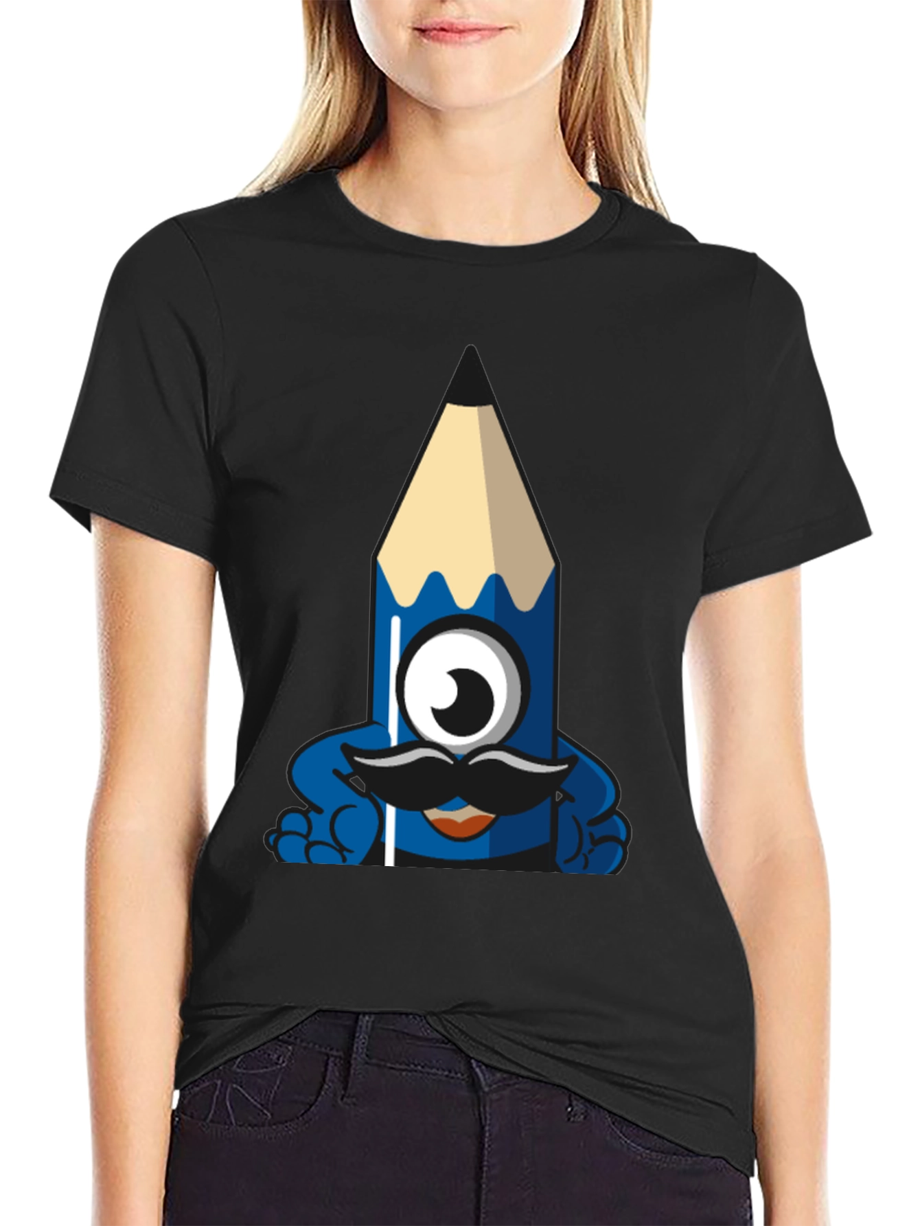 Funny Pencil Monster Graphic Tee - Black Cotton T-Shirt