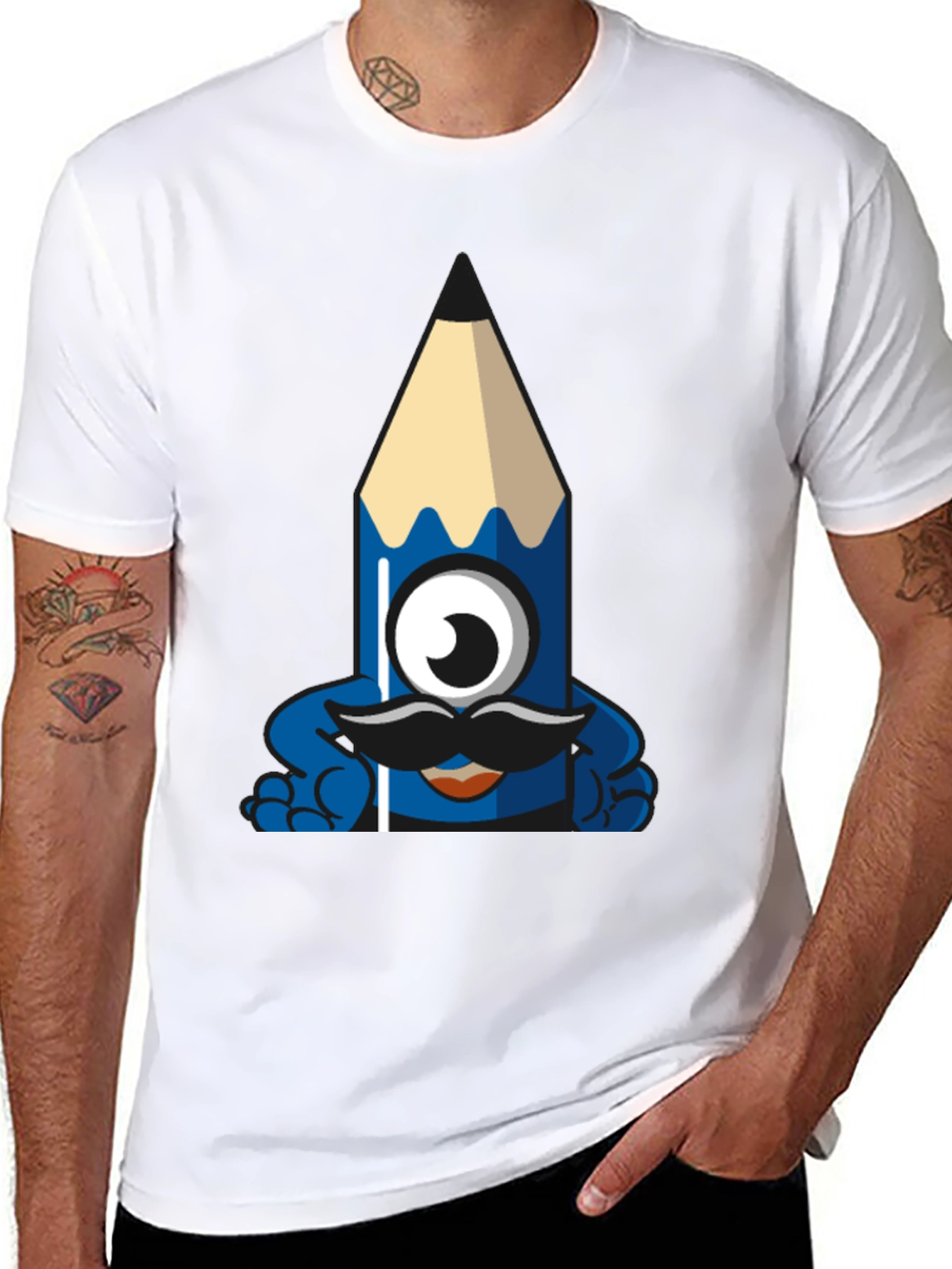 Funny Pencil Monster Graphic Tee - Black Cotton T-Shirt