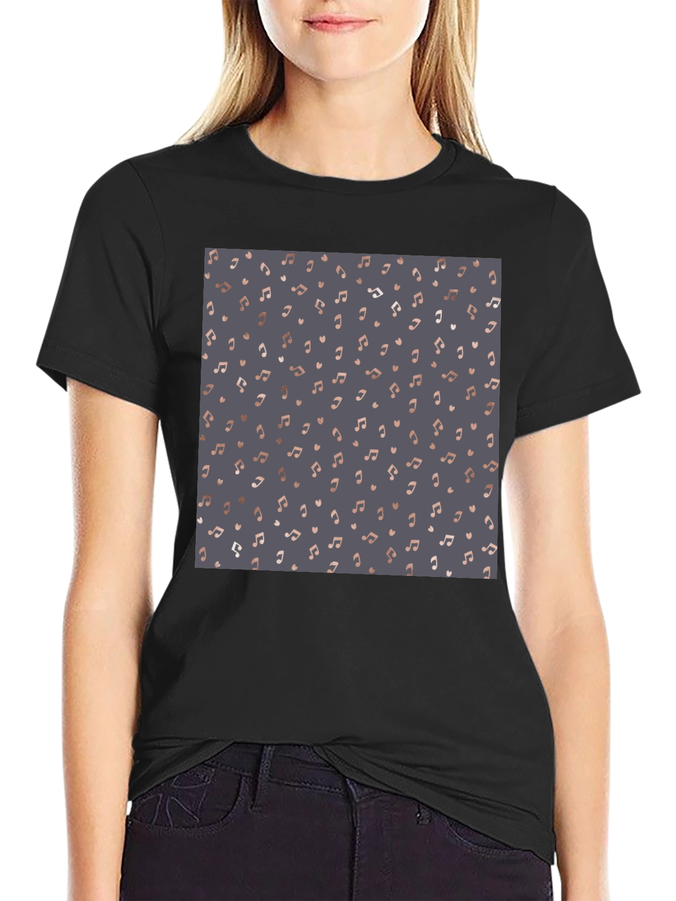 Stylish Music Note Print Black T-Shirt