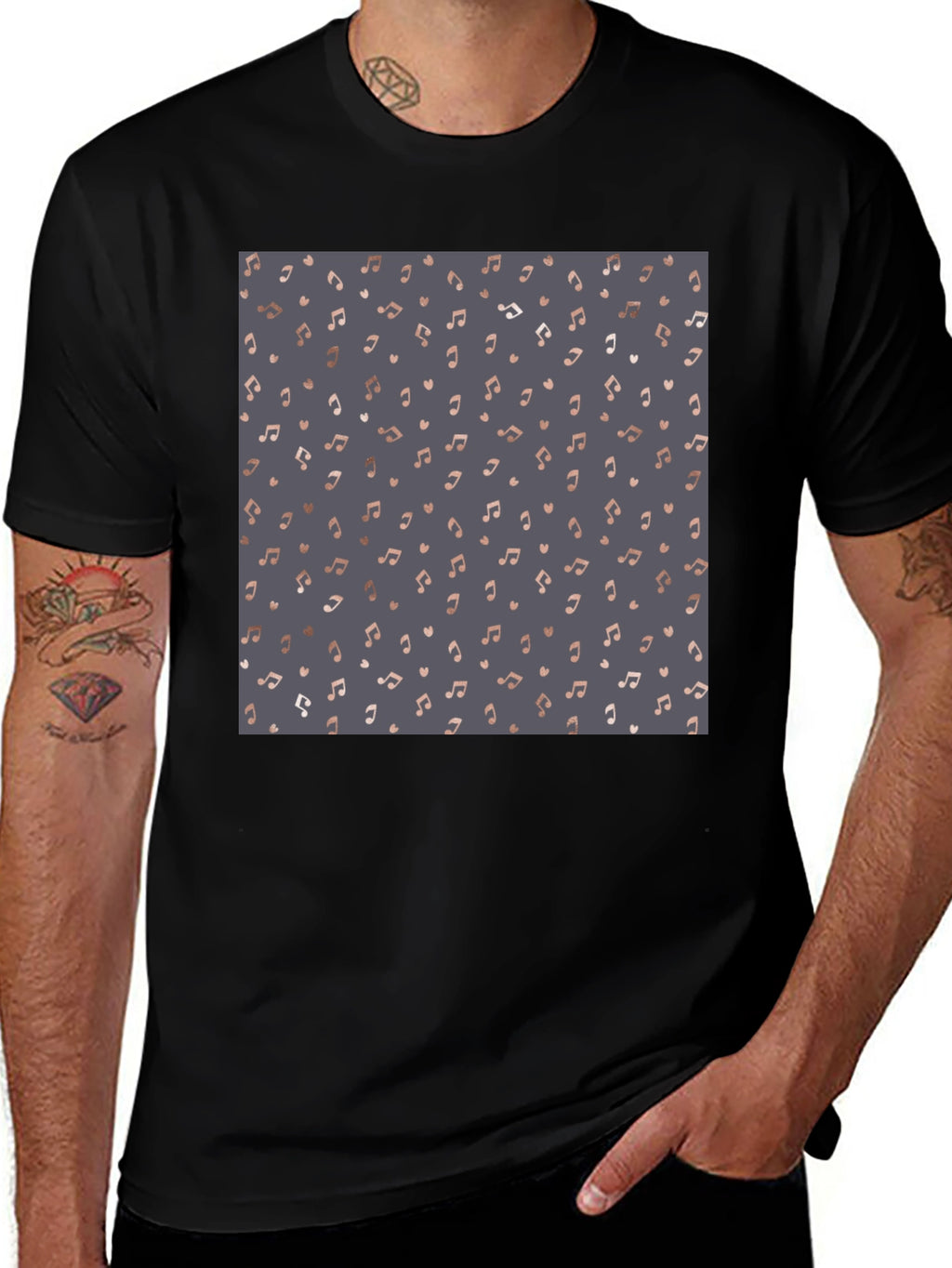 Stylish Music Note Print Black T-Shirt