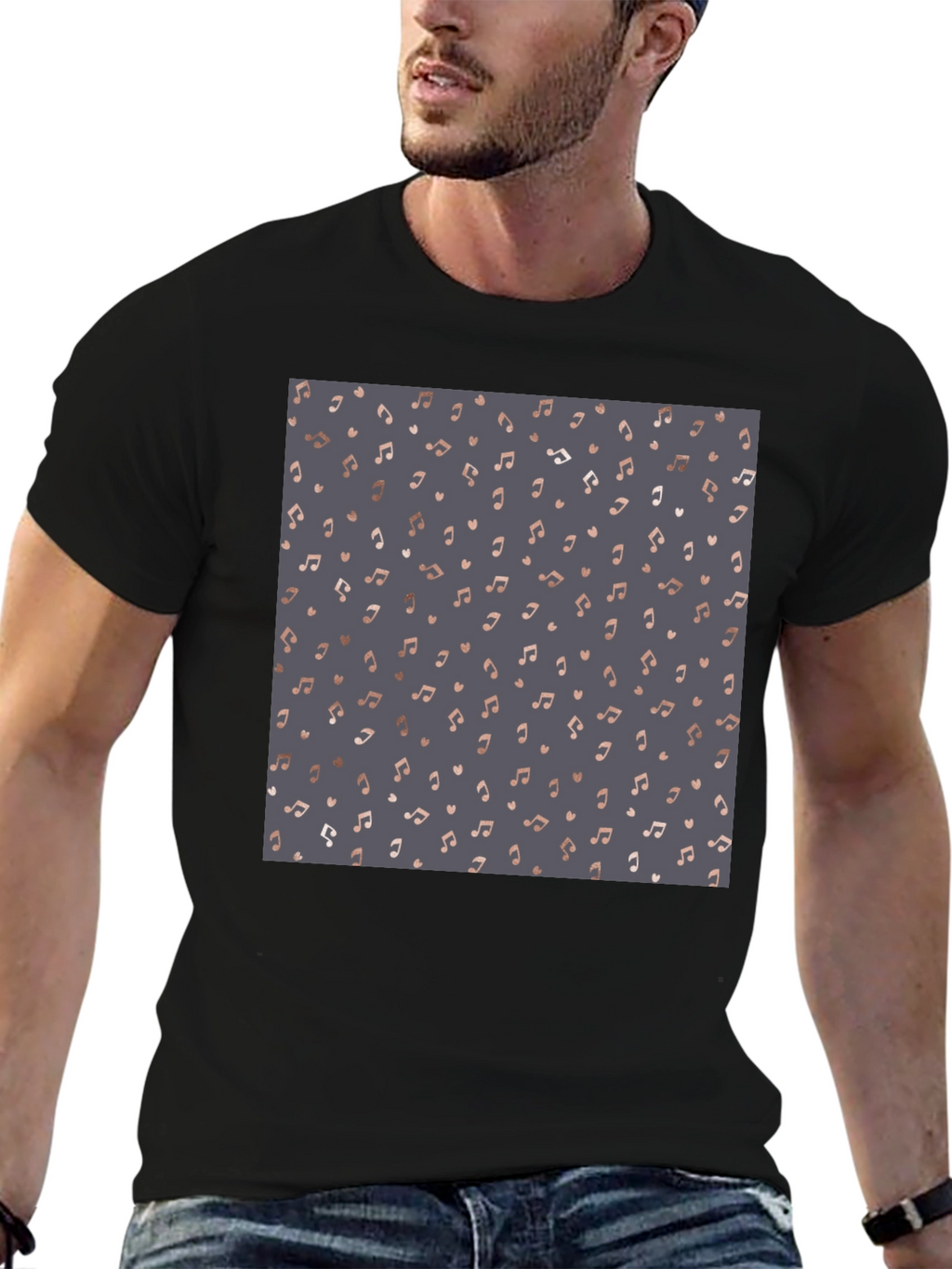 Stylish Music Note Print Black T-Shirt