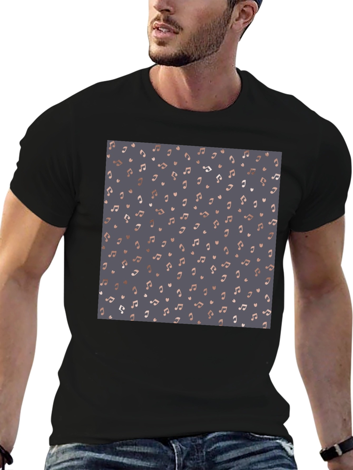 Stylish Music Note Print Black T-Shirt