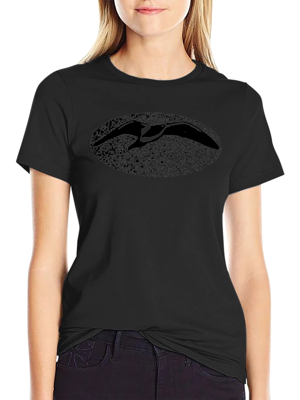 Black T-Shirt with Distressed Bird Oval Print