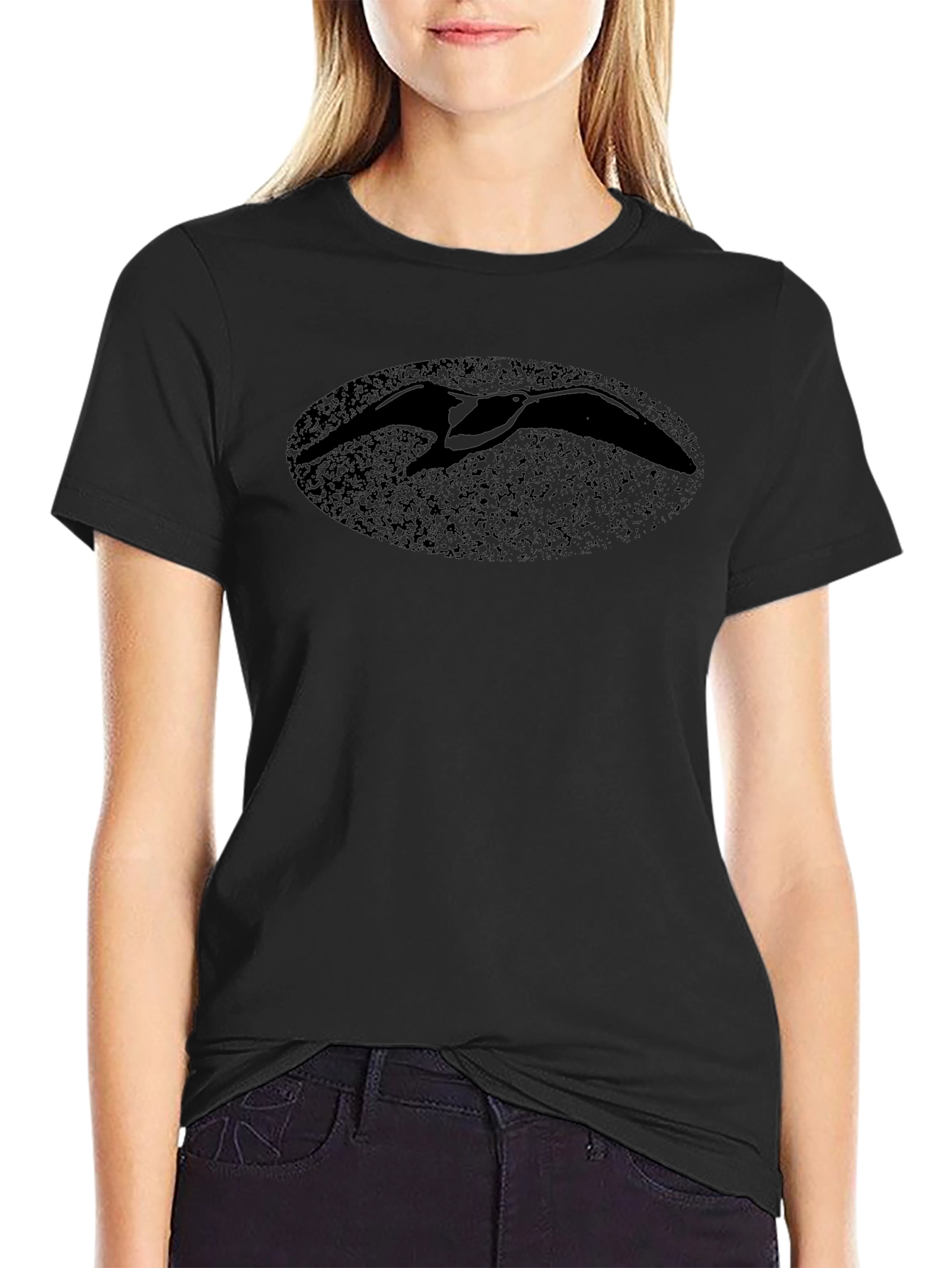 Black T-Shirt with Distressed Bird Oval Print