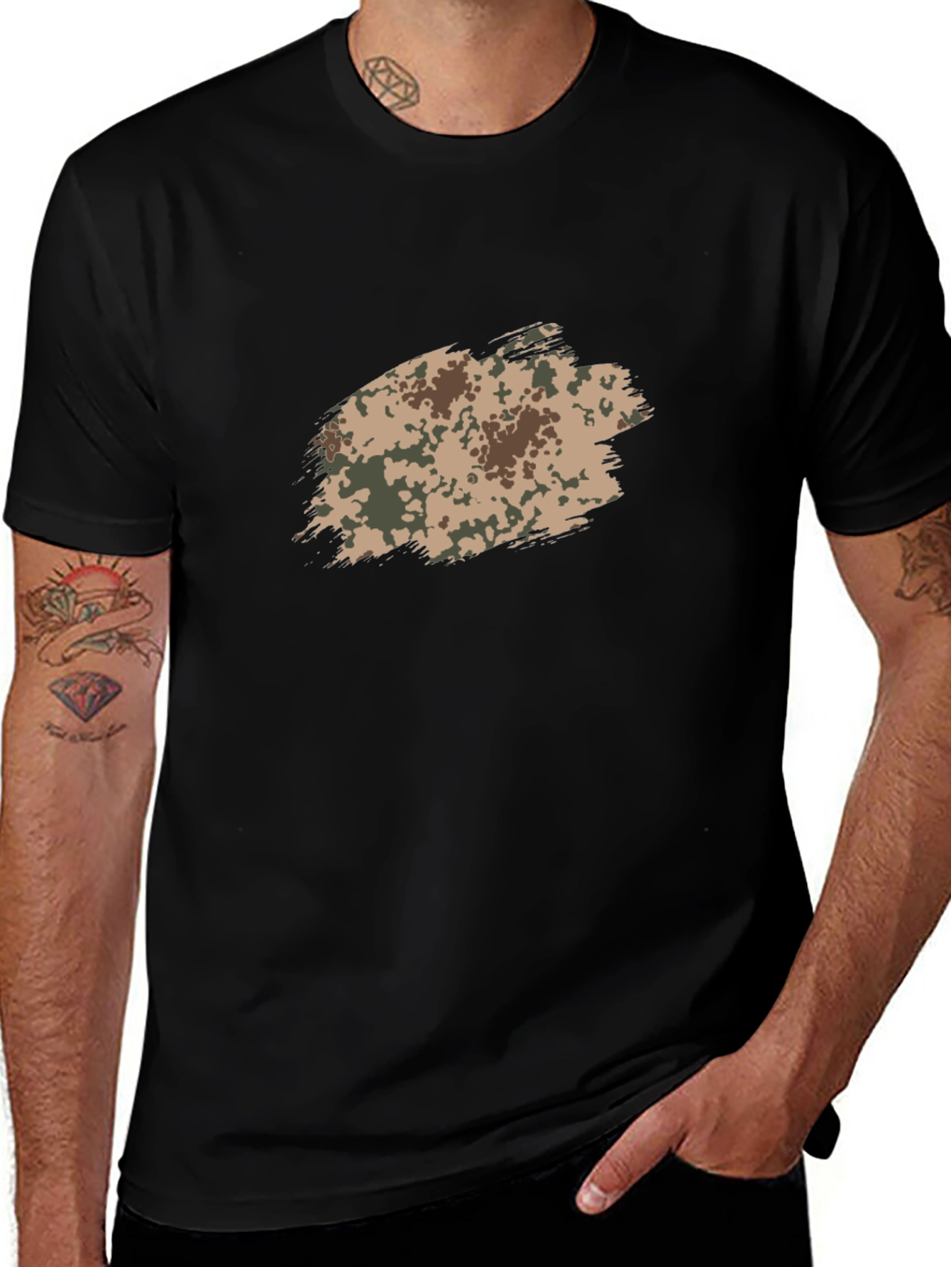 Mens Black T-Shirt with Camo Brushstroke Design