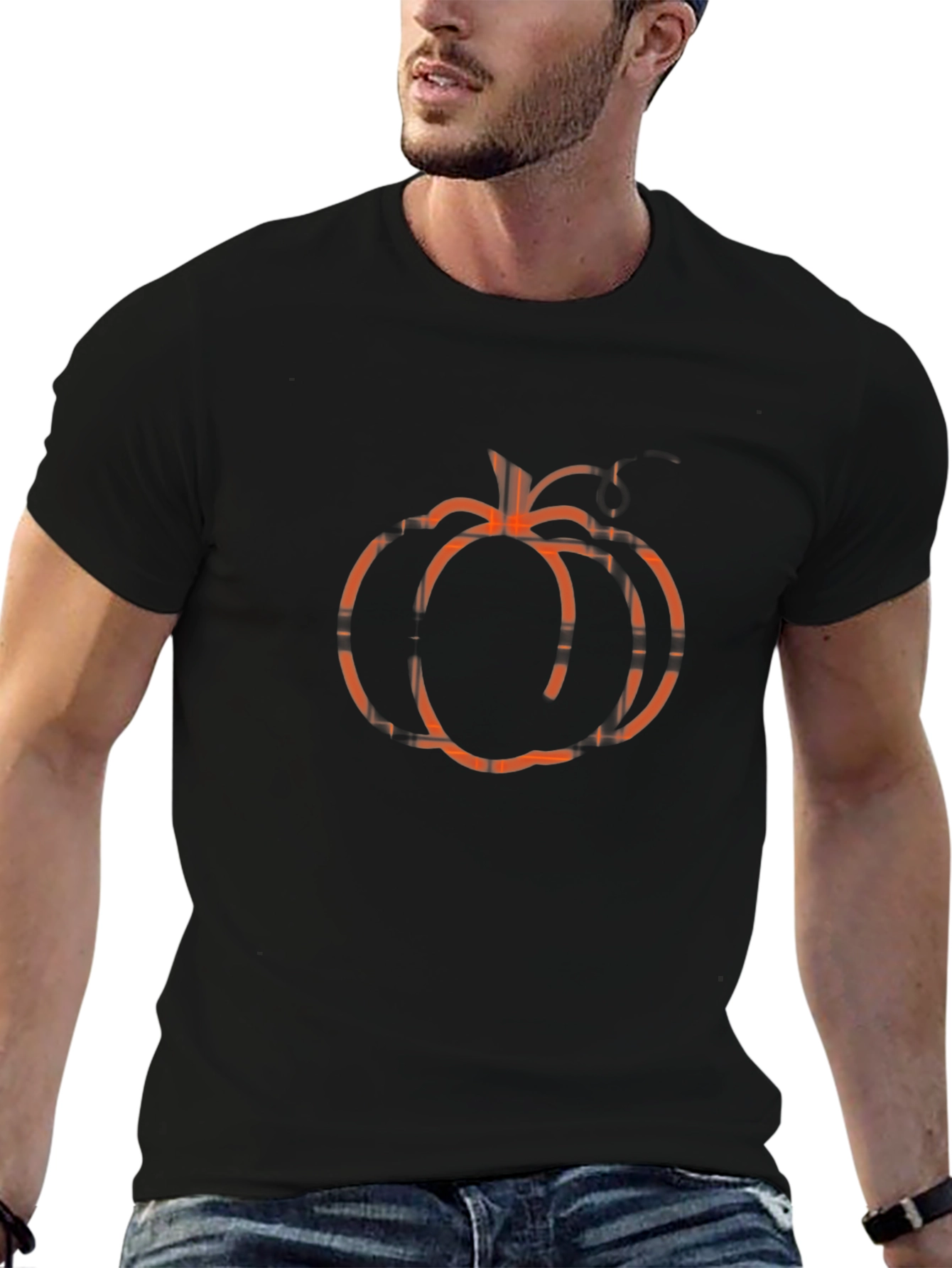 Pumpkin Plaid Graphic Tee - Black Cotton Blend