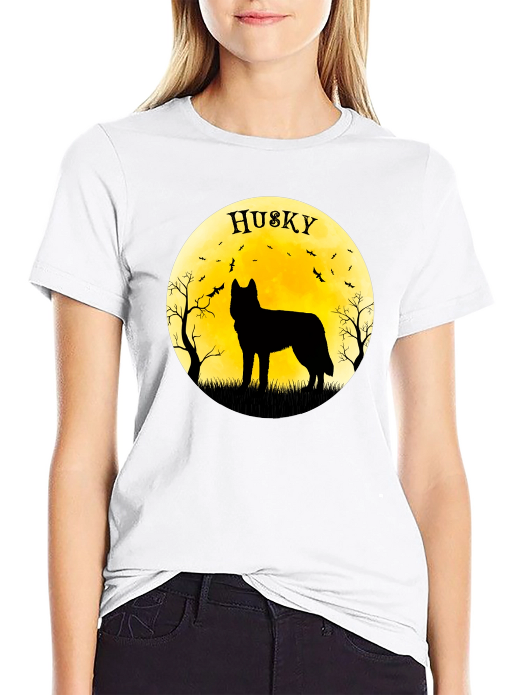 Husky Silhouette T-Shirt - Halloween Moon Design