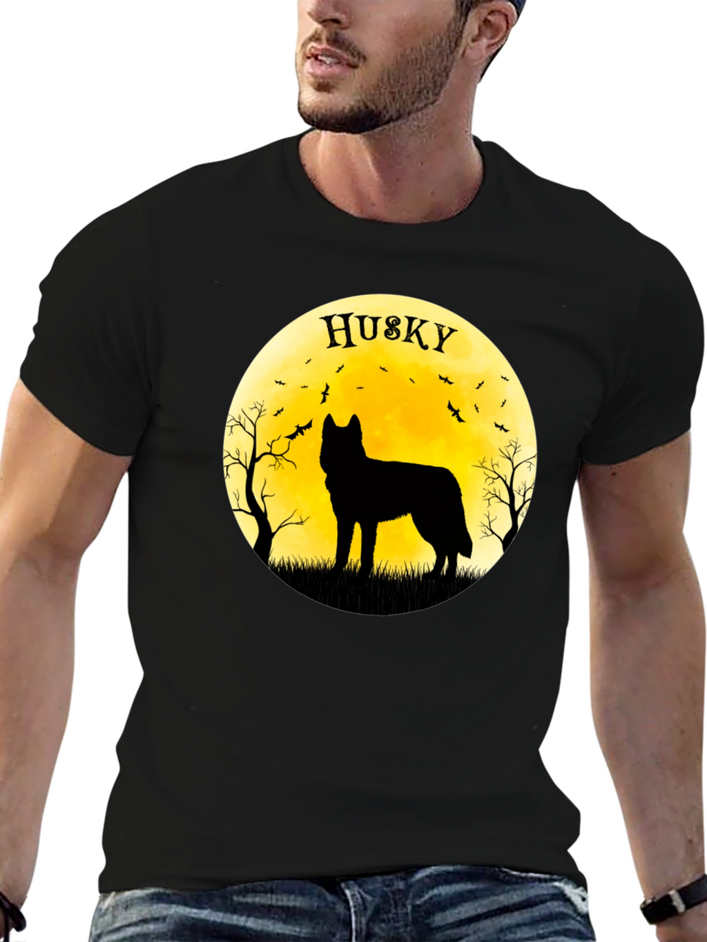 Husky Silhouette T-Shirt - Halloween Moon Design