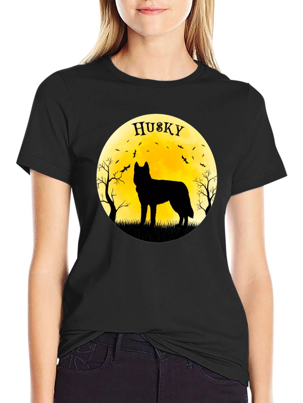 Husky Silhouette T-Shirt - Halloween Moon Design