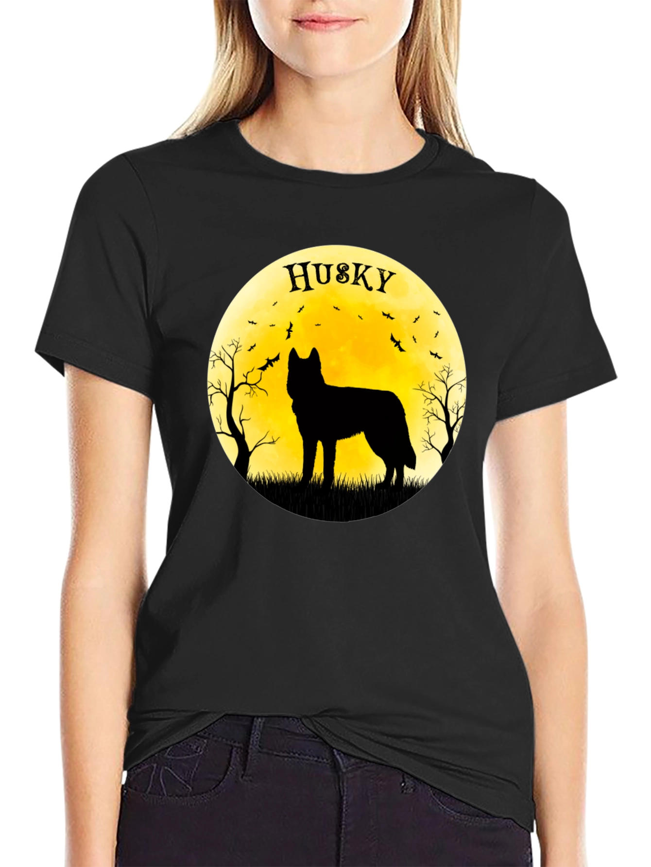 Husky Silhouette T-Shirt - Halloween Moon Design