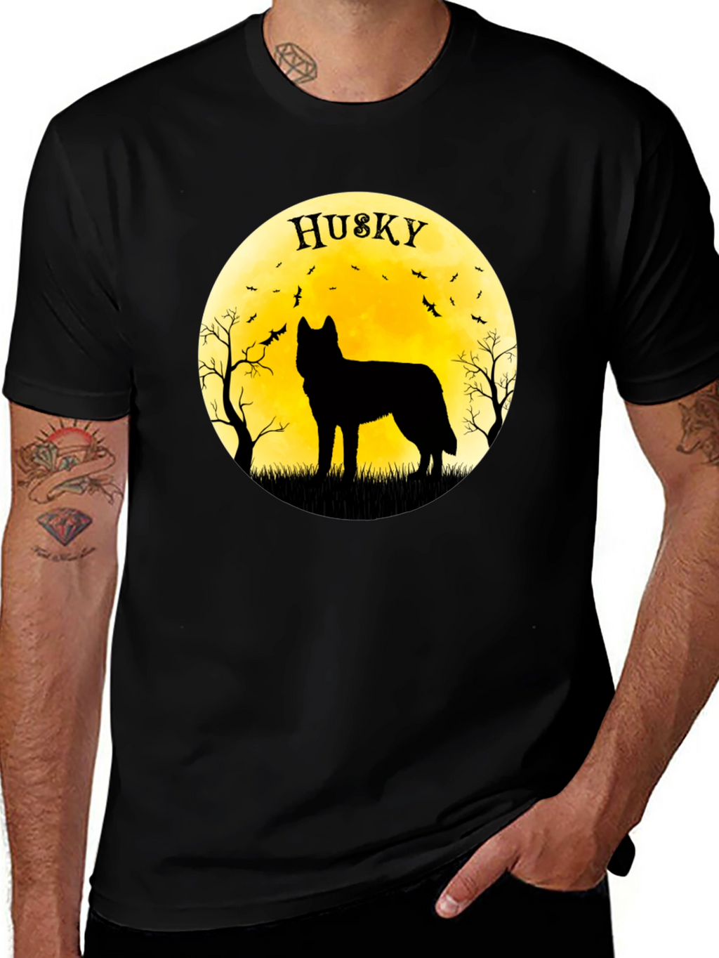 Husky Silhouette T-Shirt - Halloween Moon Design
