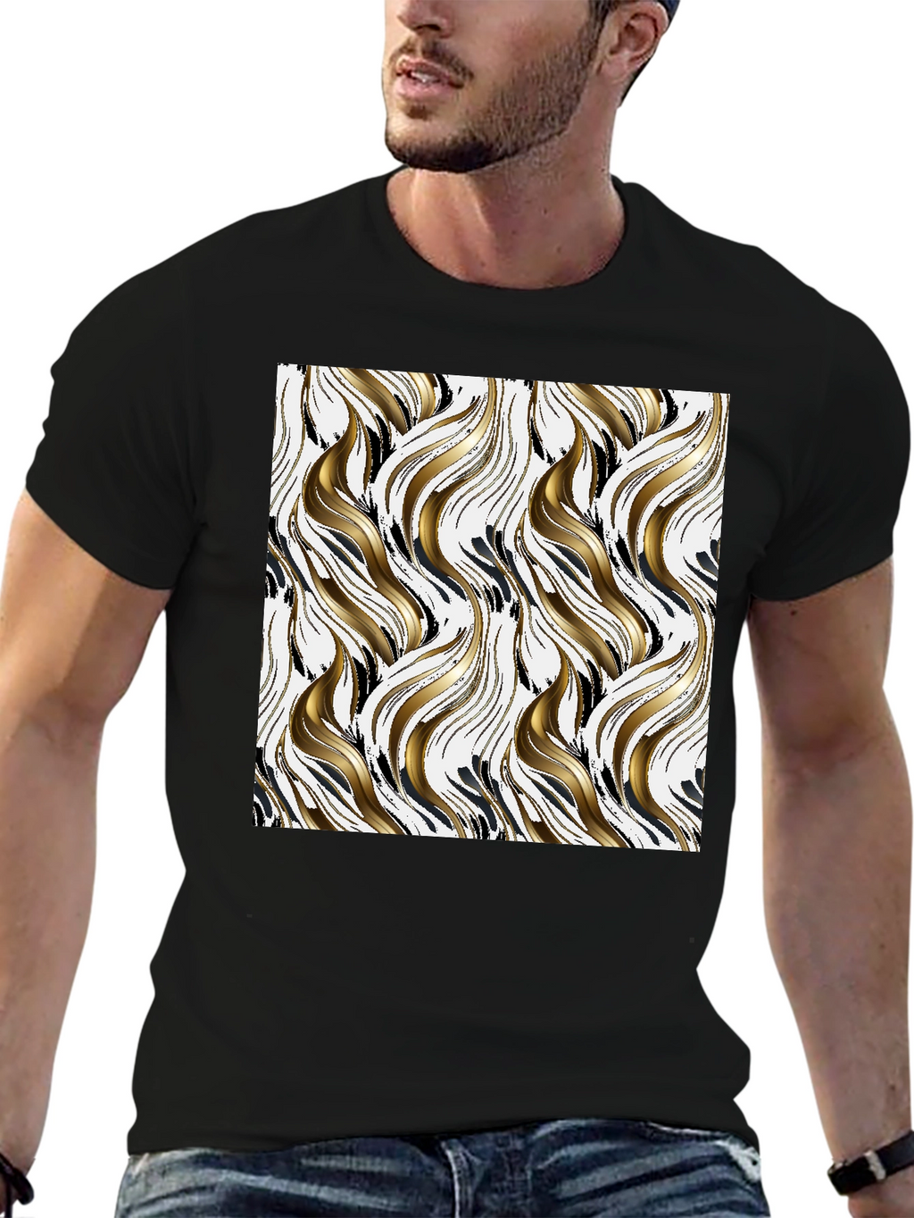 Stylish Black Tee with Abstract Gold & Black Pattern