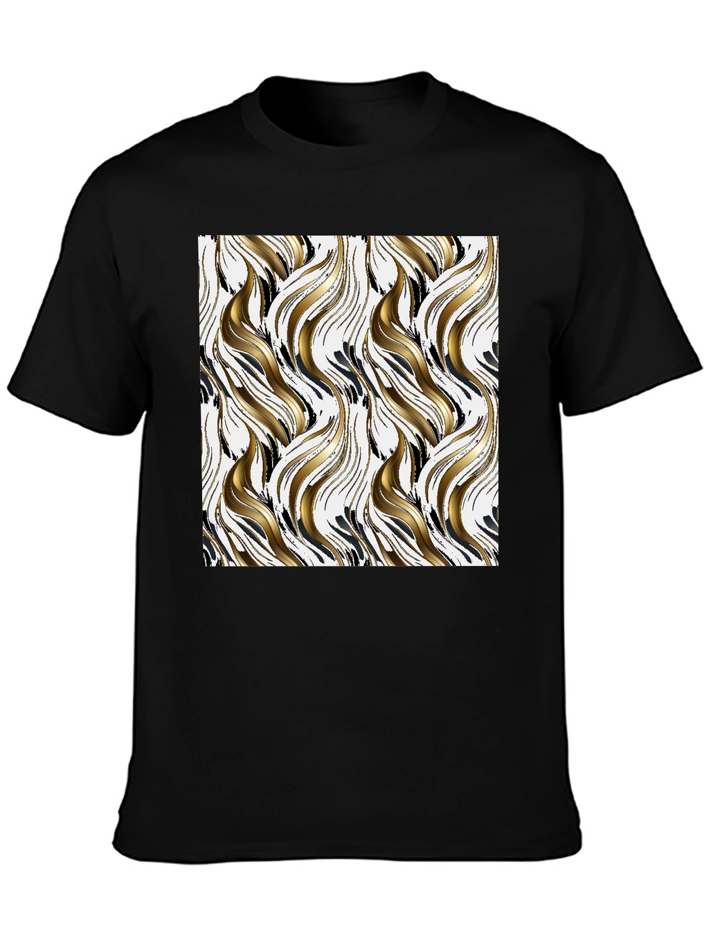 Stylish Black Tee with Abstract Gold & Black Pattern