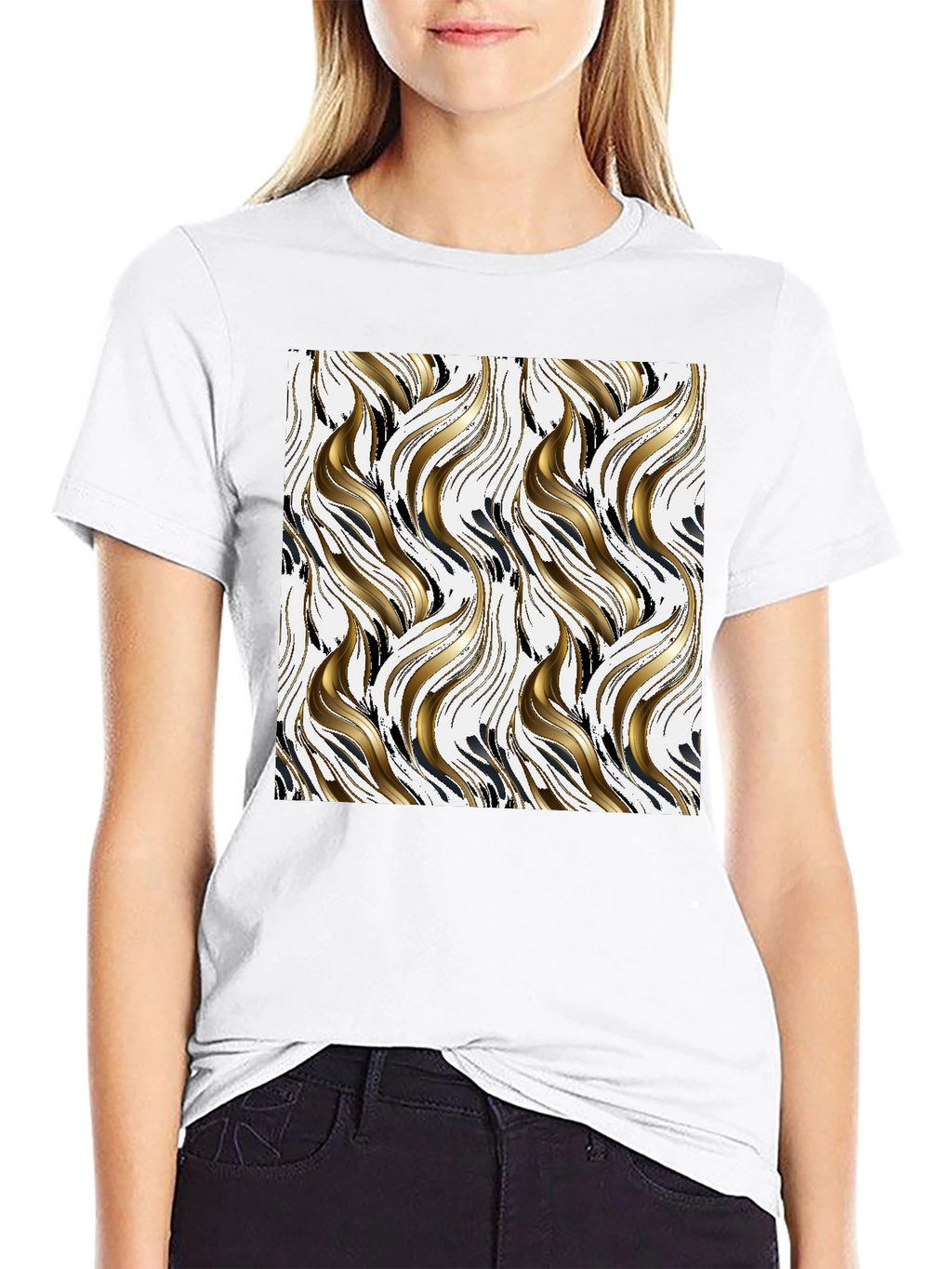 Stylish Black Tee with Abstract Gold & Black Pattern